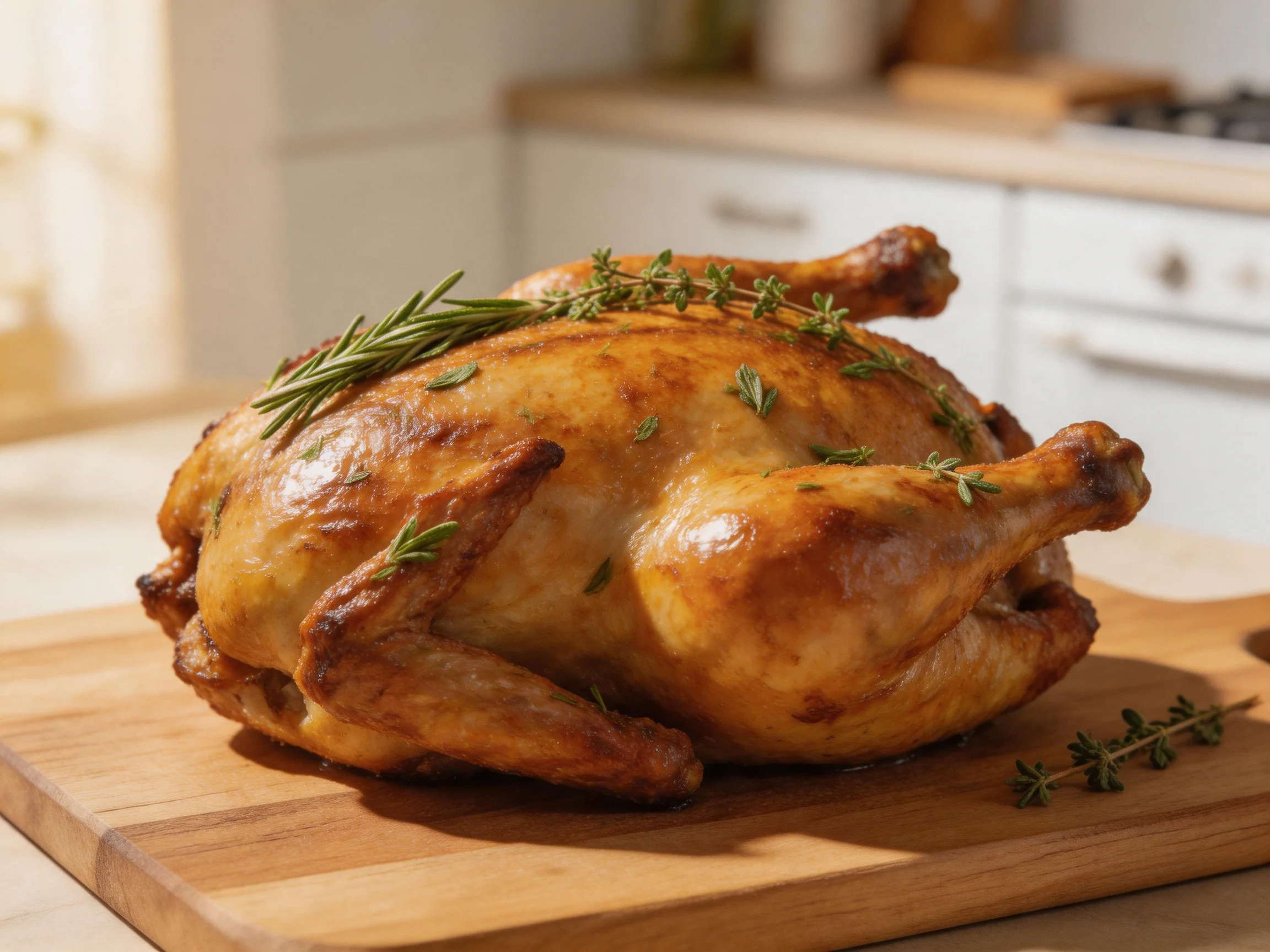 A golden-brown roasted chicken garnished with fresh herbs on a wooden cutting board