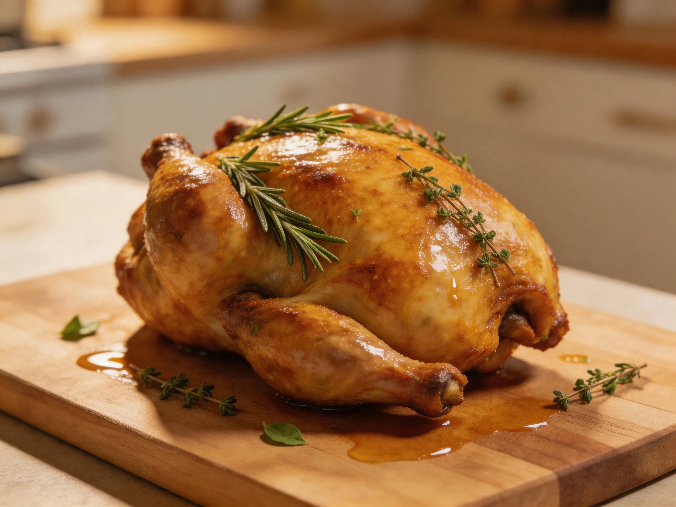 A golden-brown roasted chicken garnished with fresh herbs on a wooden cutting board