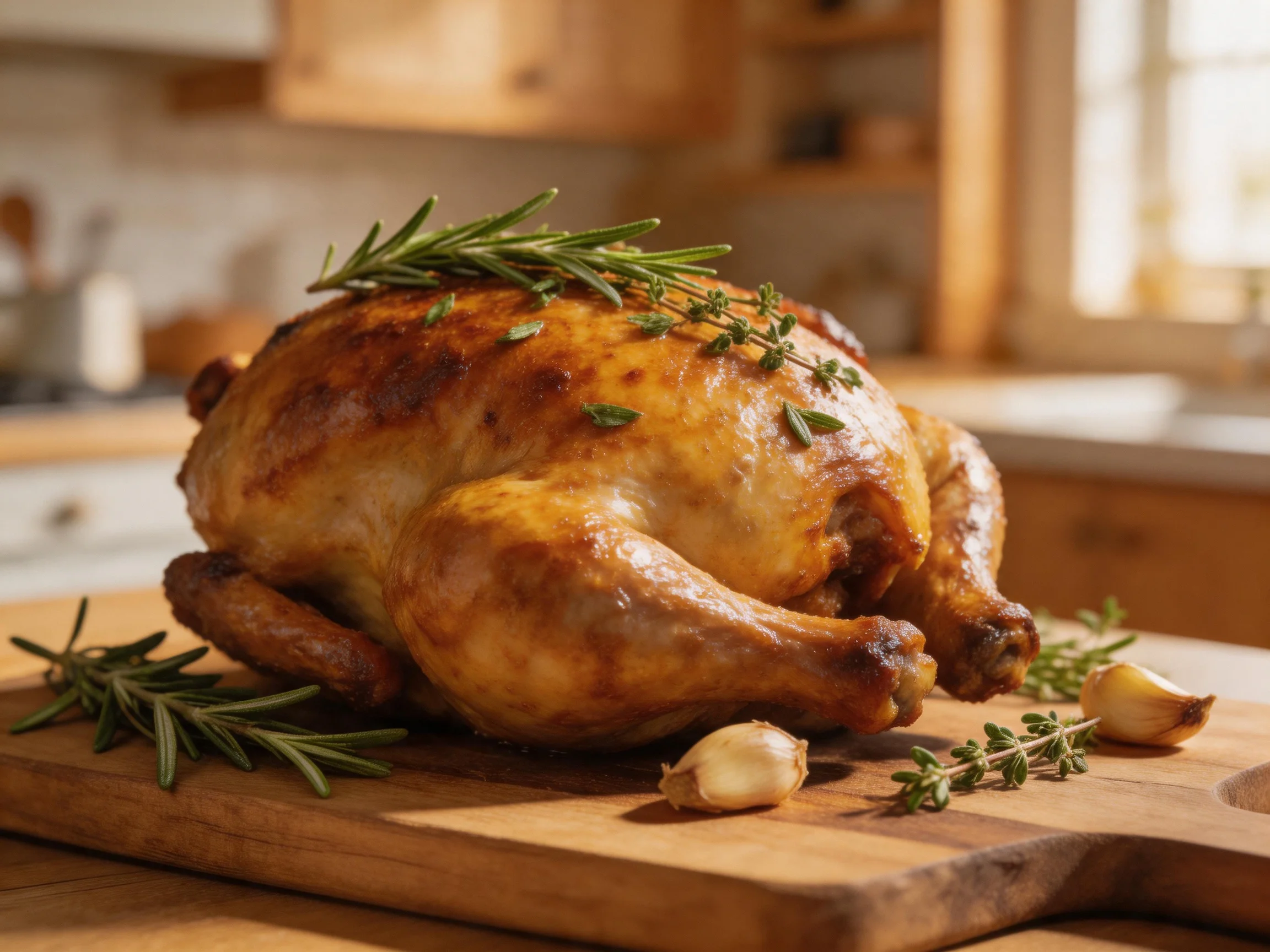 A golden-brown roasted chicken garnished with fresh herbs on a wooden cutting board