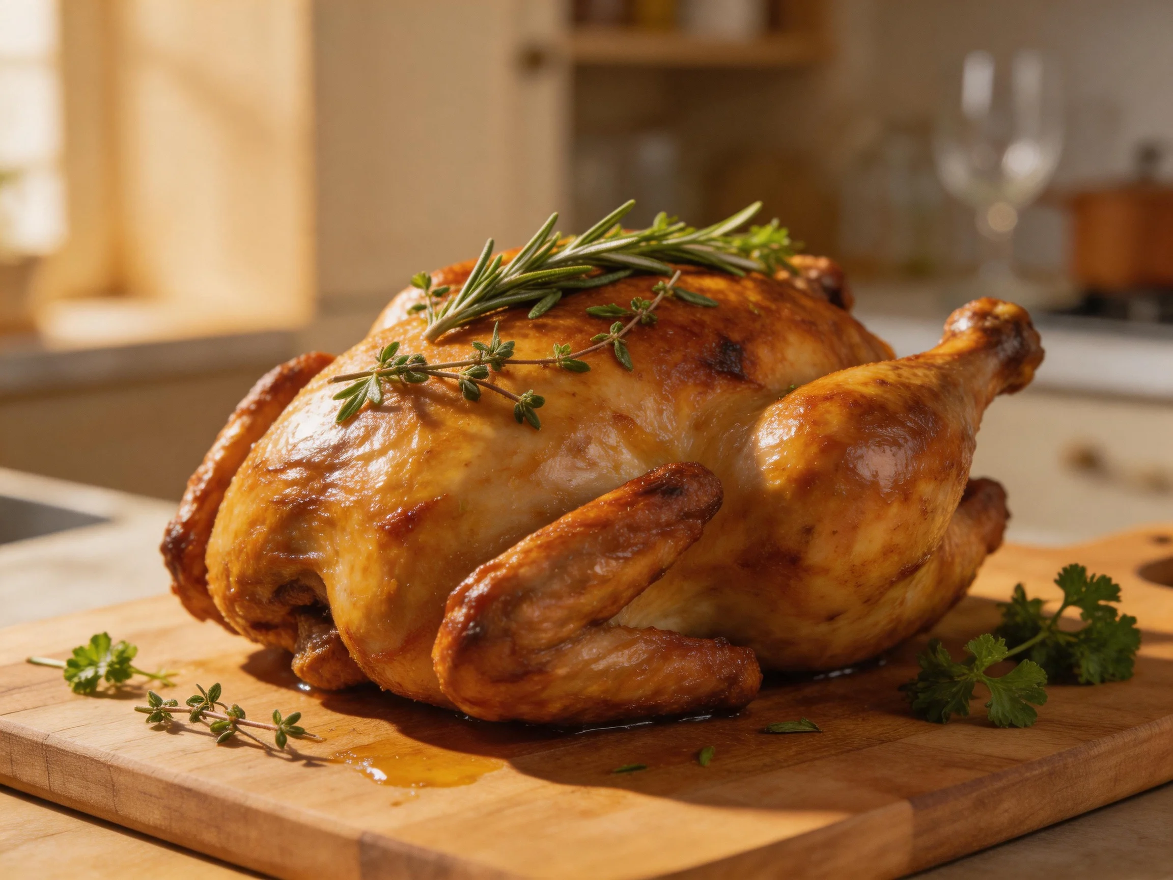 A golden-brown roasted chicken garnished with fresh herbs on a wooden cutting board