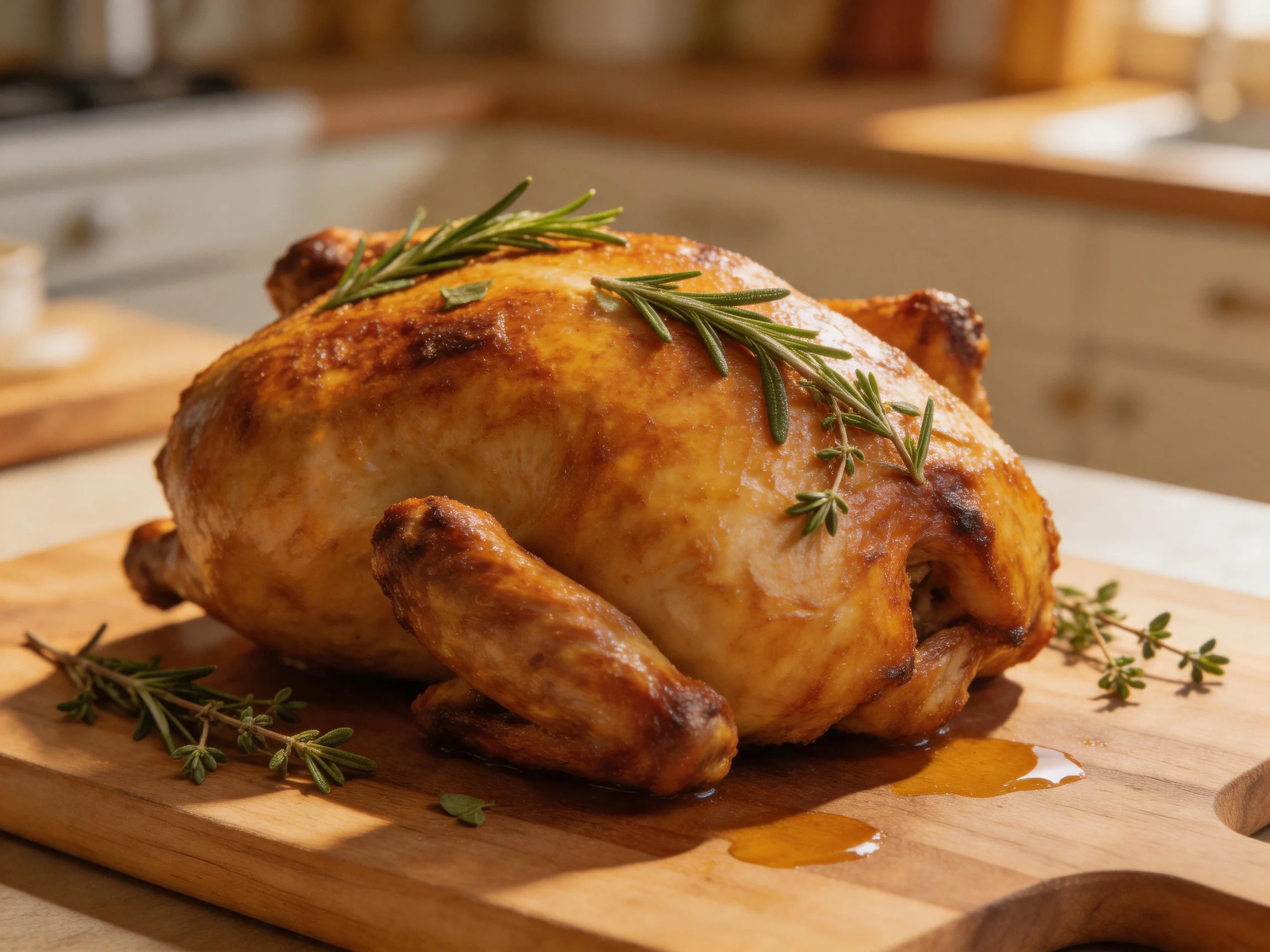 A golden-brown roasted chicken garnished with fresh herbs on a wooden cutting board