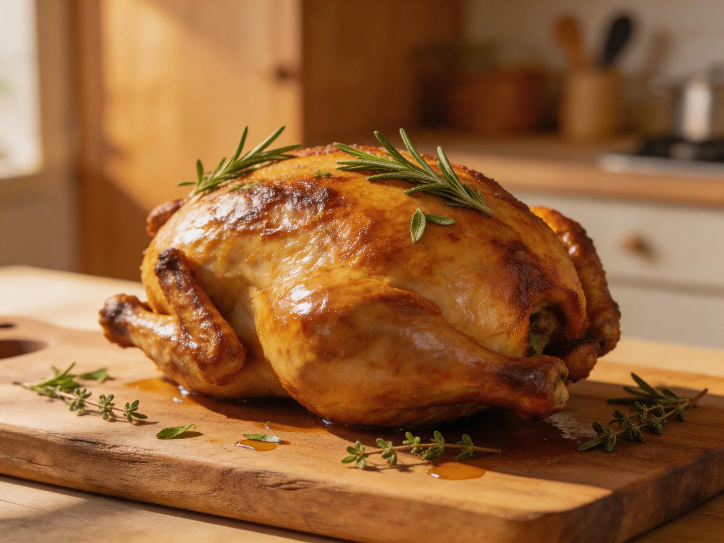 A golden-brown roasted chicken garnished with fresh herbs on a wooden cutting board