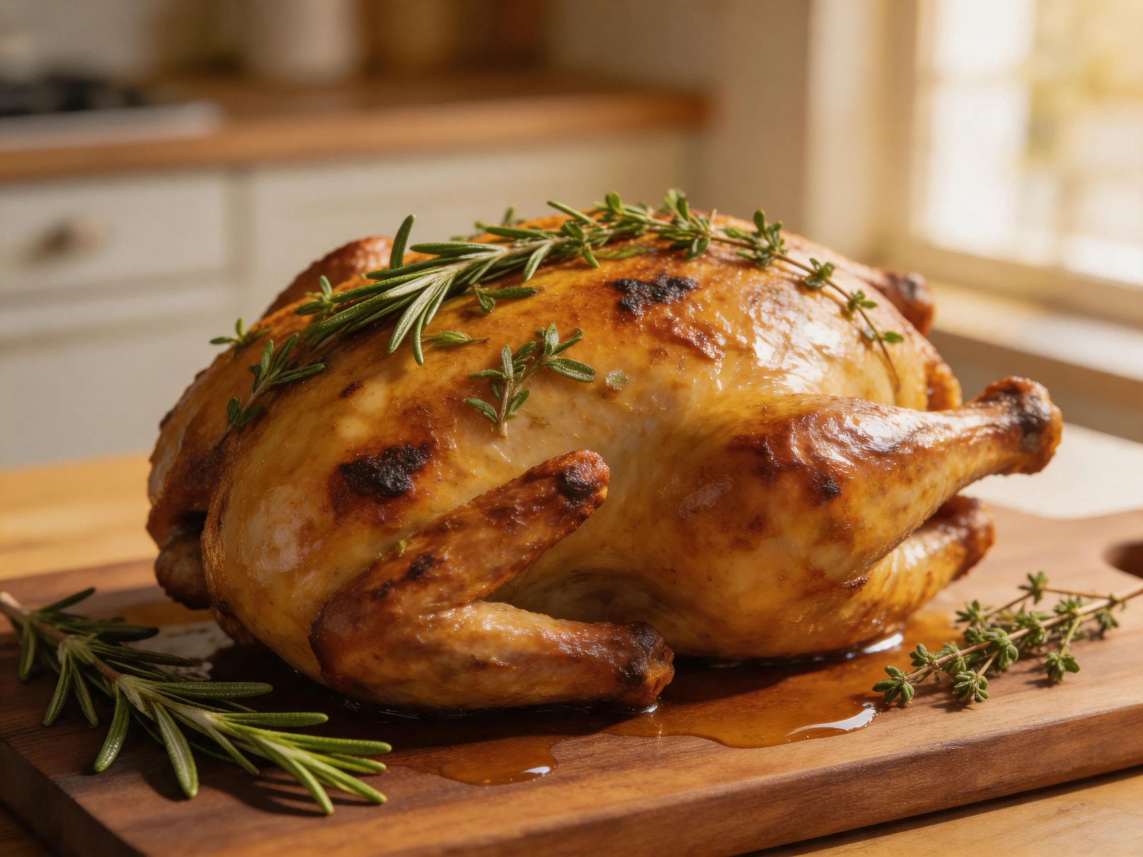 A golden-brown roasted chicken garnished with fresh herbs on a wooden cutting board
