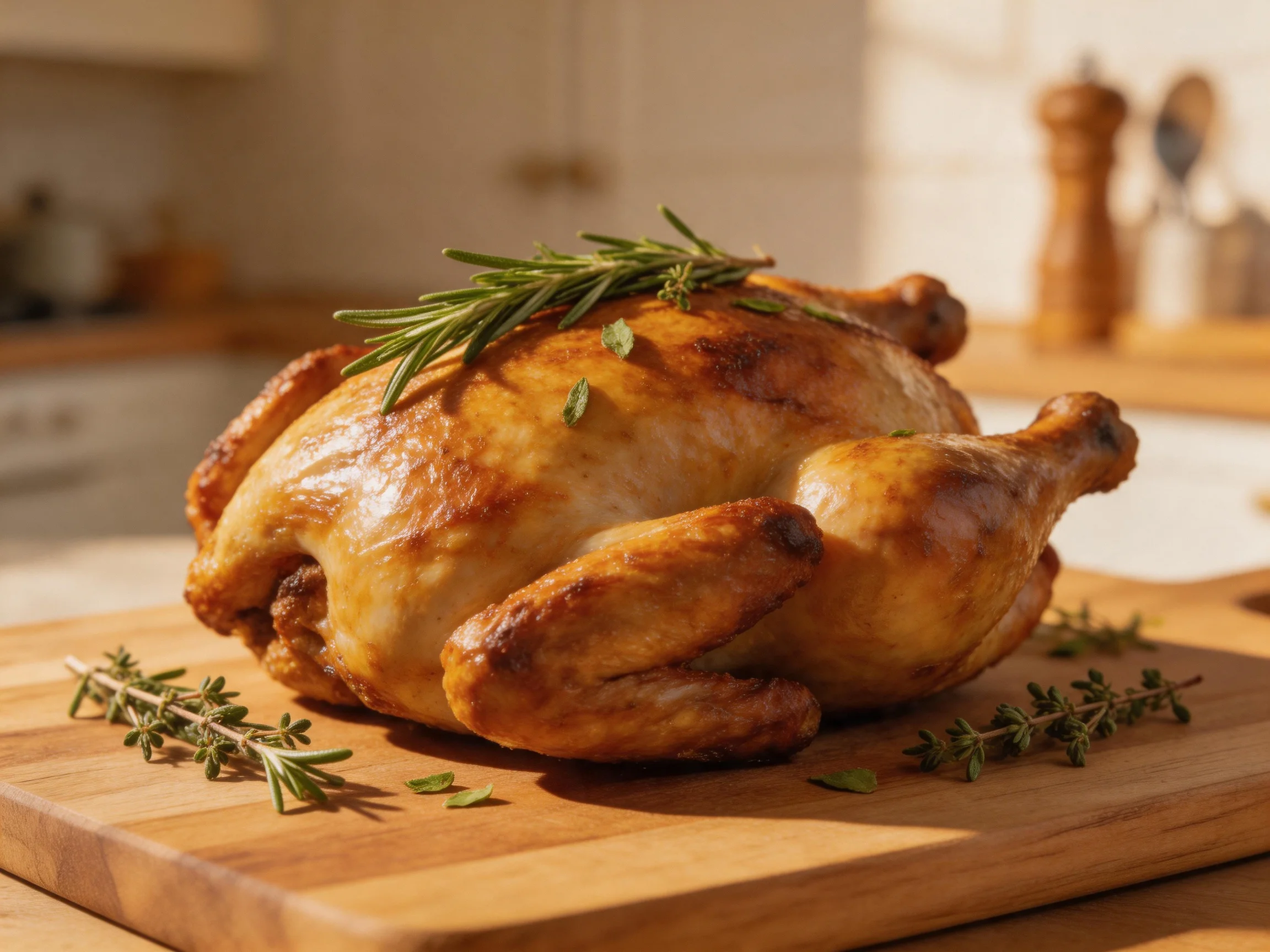 A golden-brown roasted chicken garnished with fresh herbs on a wooden cutting board