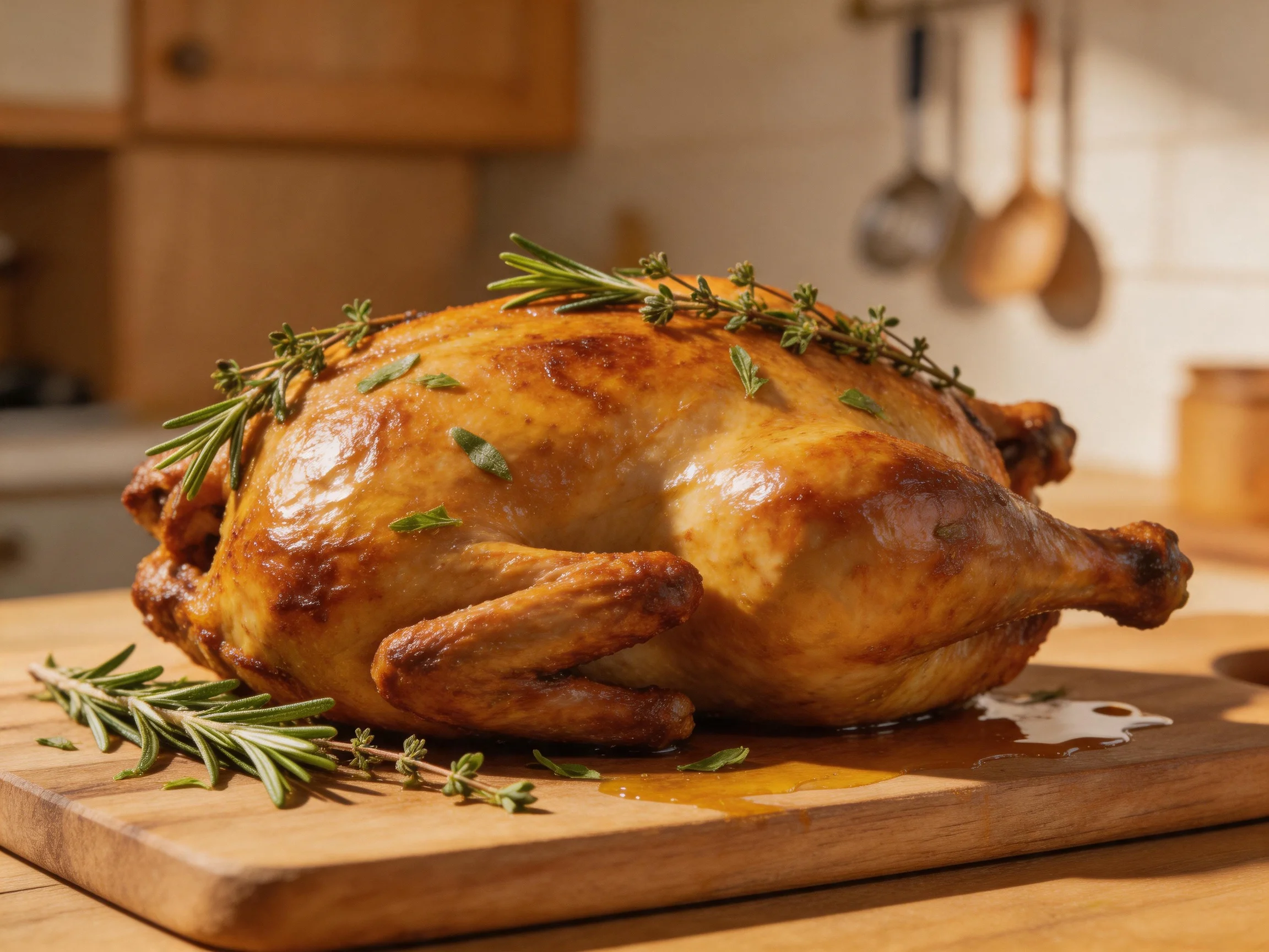 A golden-brown roasted chicken garnished with fresh herbs on a wooden cutting board