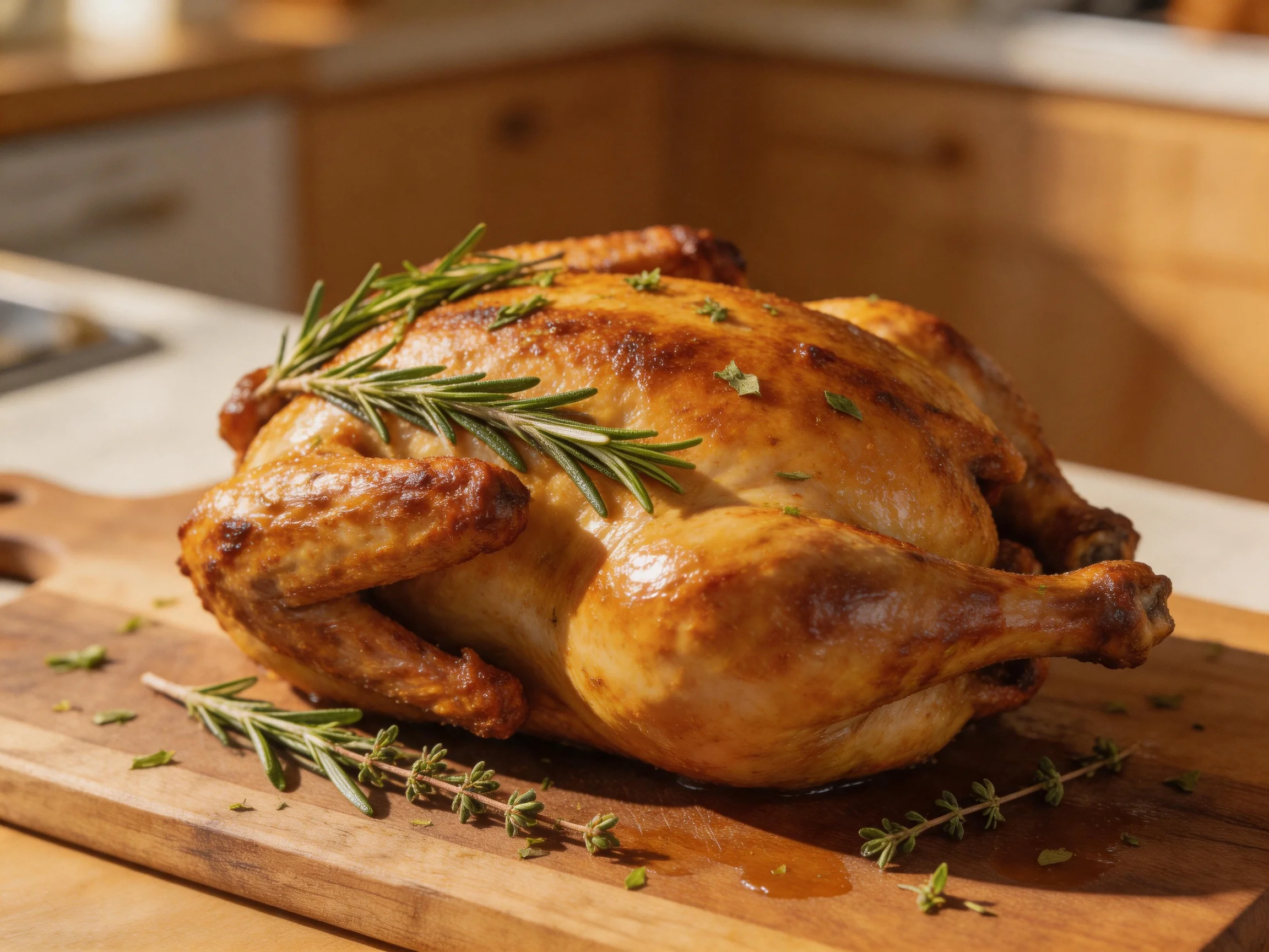 A golden-brown roasted chicken garnished with fresh herbs on a wooden cutting board
