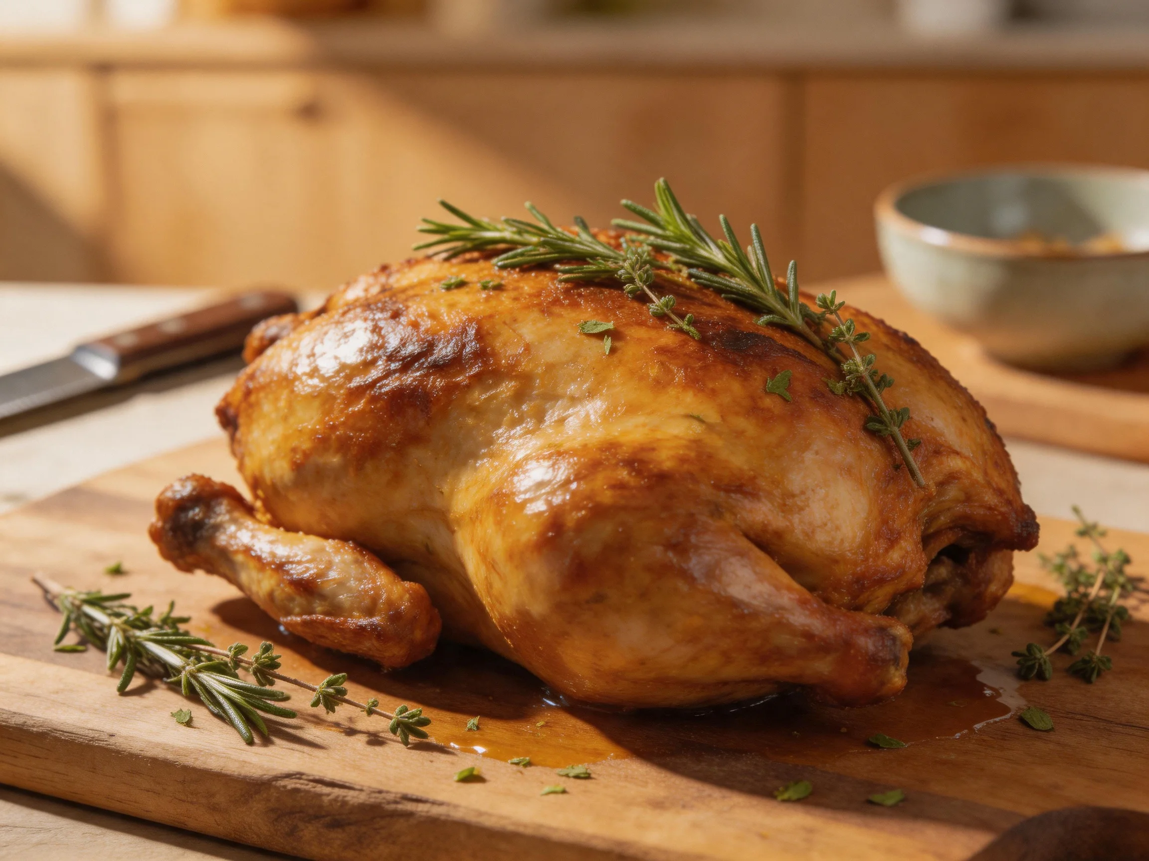A golden-brown roasted chicken garnished with fresh herbs on a wooden cutting board