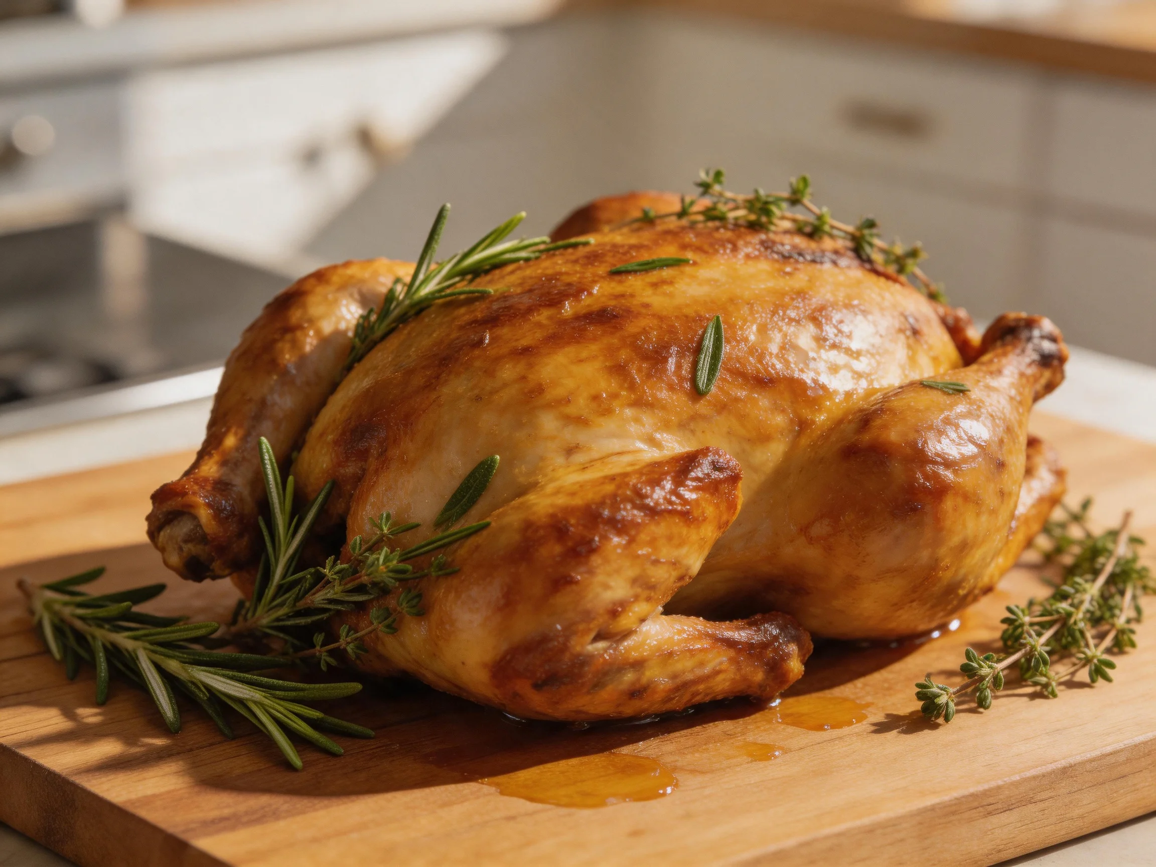 A golden-brown roasted chicken garnished with fresh herbs on a wooden cutting board