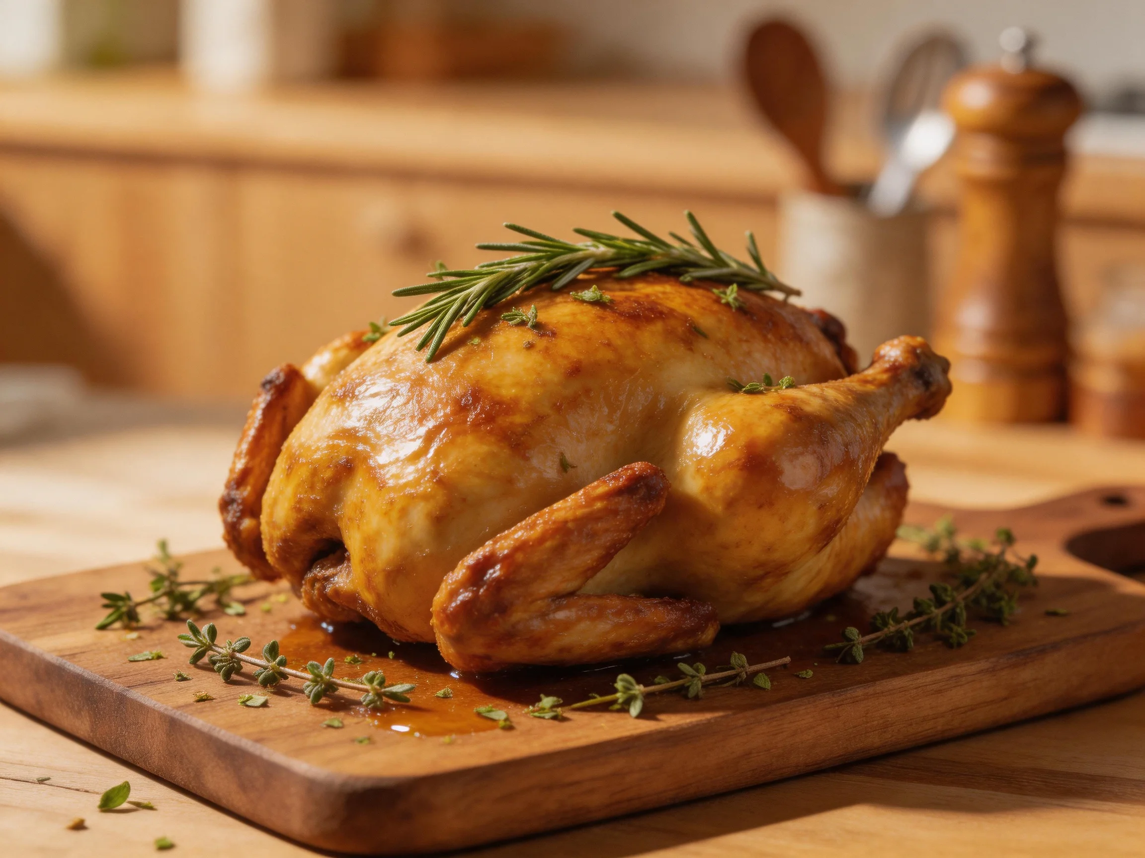 A golden-brown roasted chicken garnished with fresh herbs on a wooden cutting board