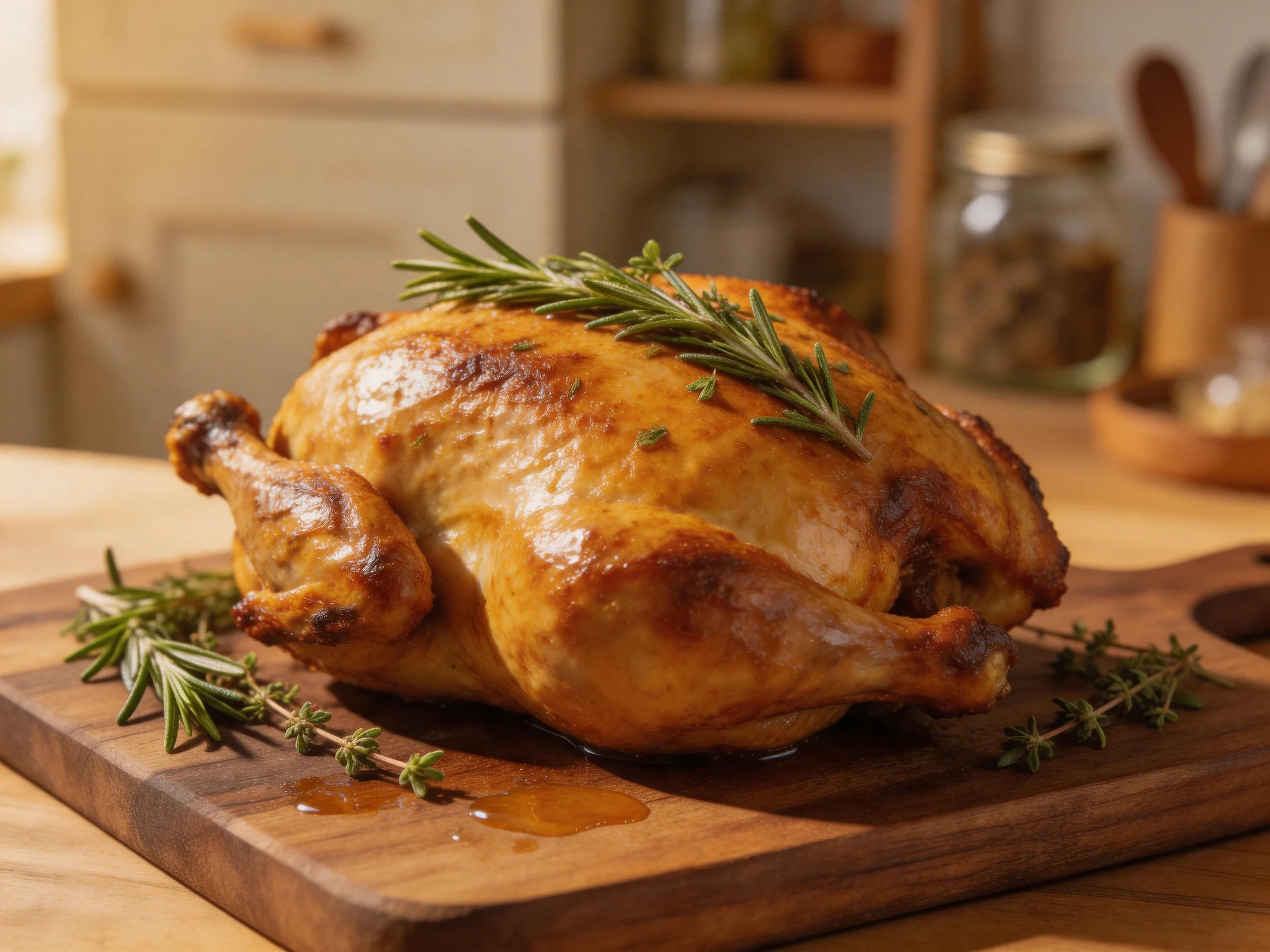 A golden-brown roasted chicken garnished with fresh herbs on a wooden cutting board