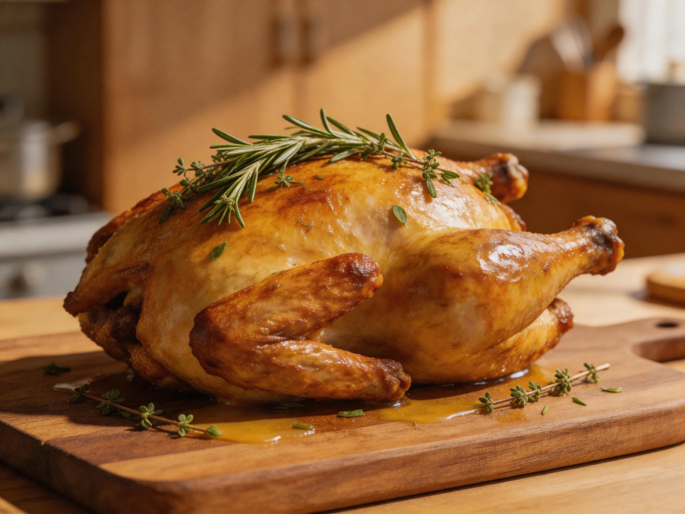 A golden-brown roasted chicken garnished with fresh herbs on a wooden cutting board