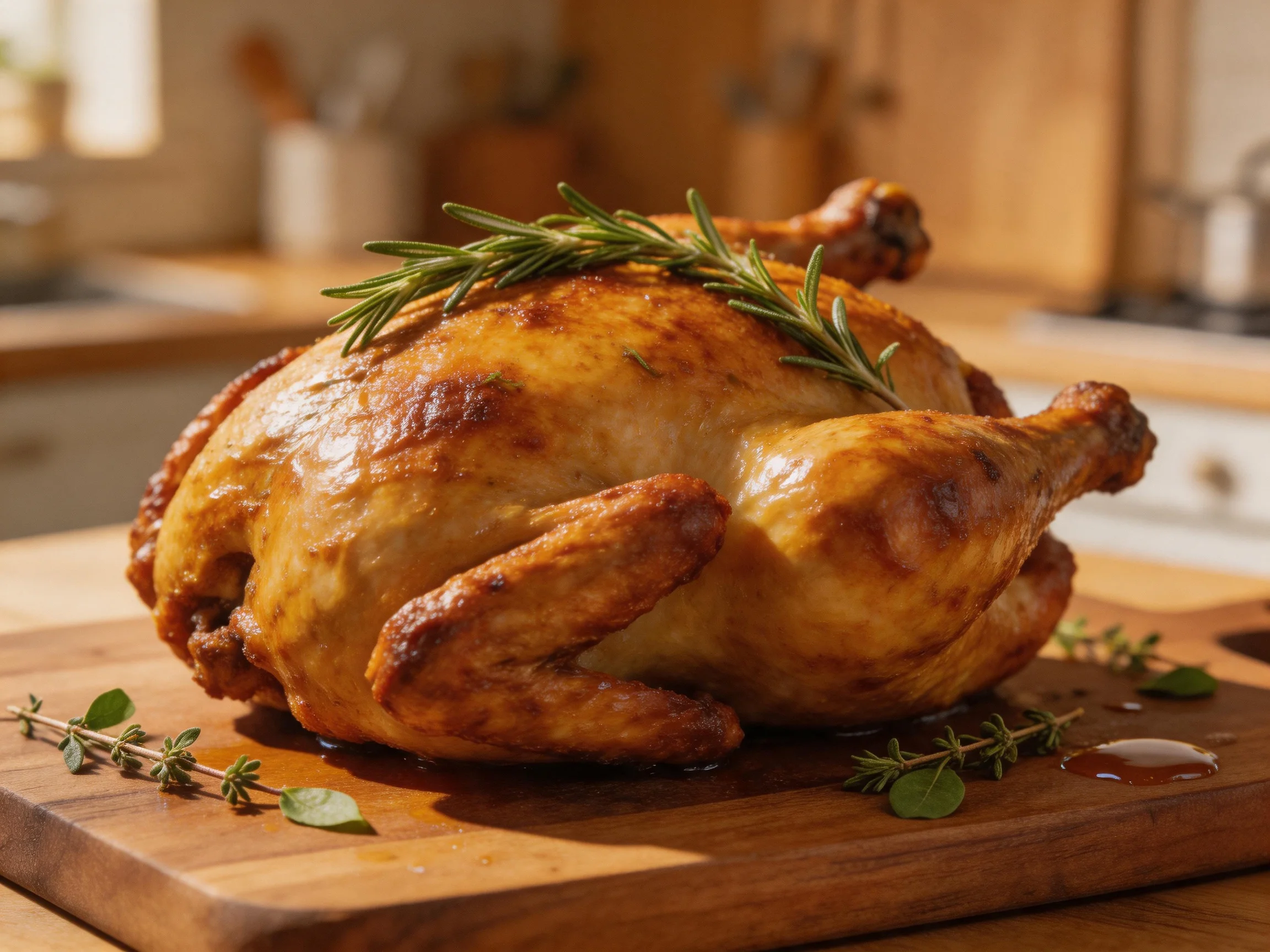 A golden-brown roasted chicken garnished with fresh herbs on a wooden cutting board