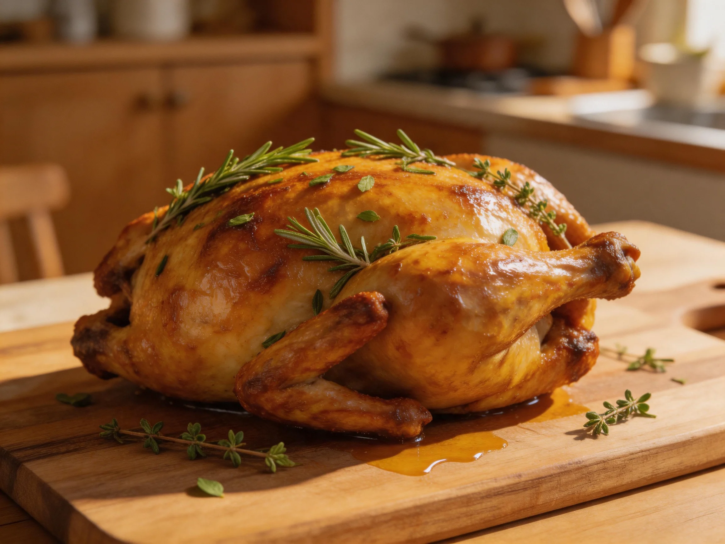 A golden-brown roasted chicken garnished with fresh herbs on a wooden cutting board