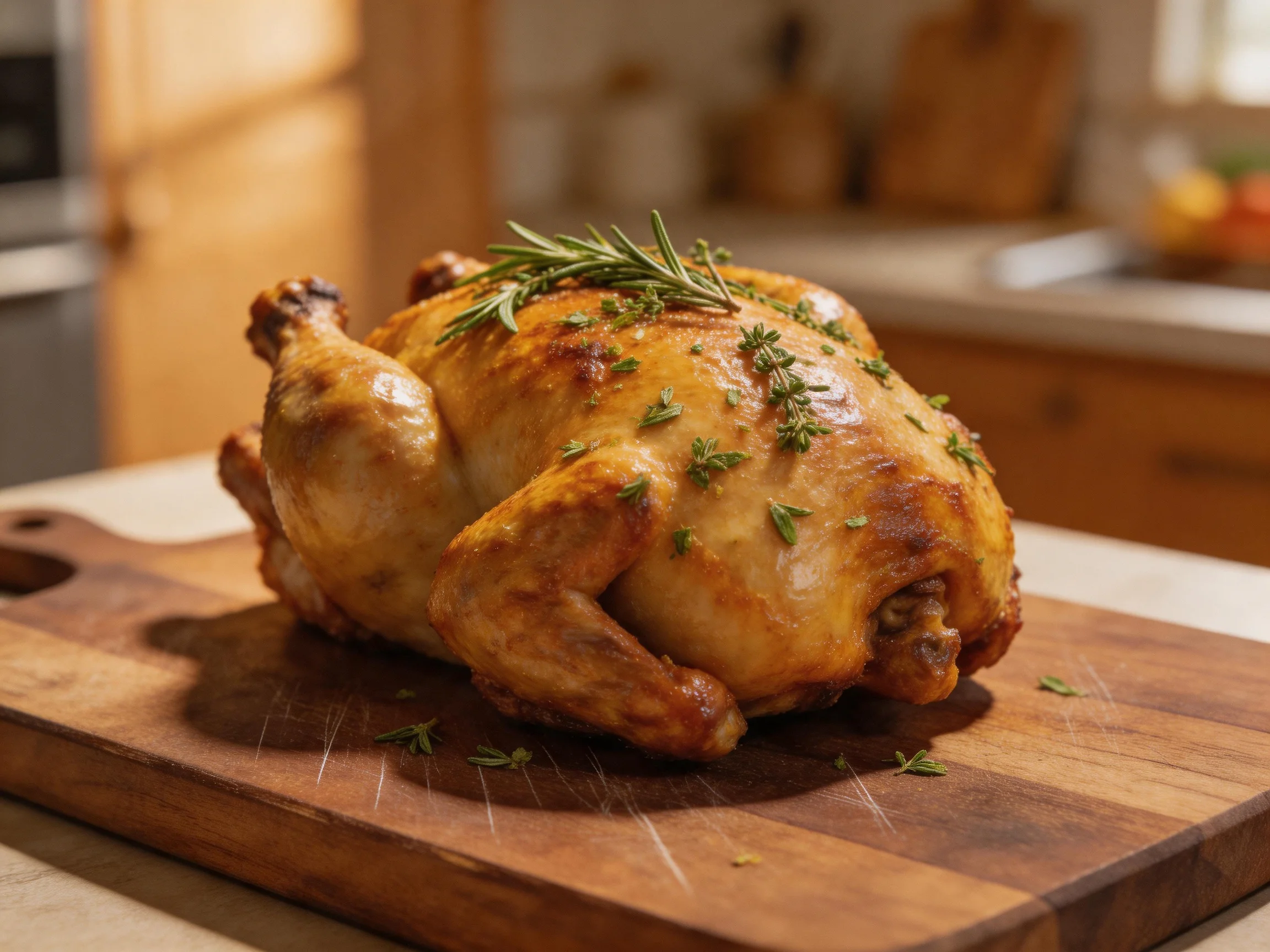 A golden-brown roasted chicken garnished with fresh herbs on a wooden cutting board