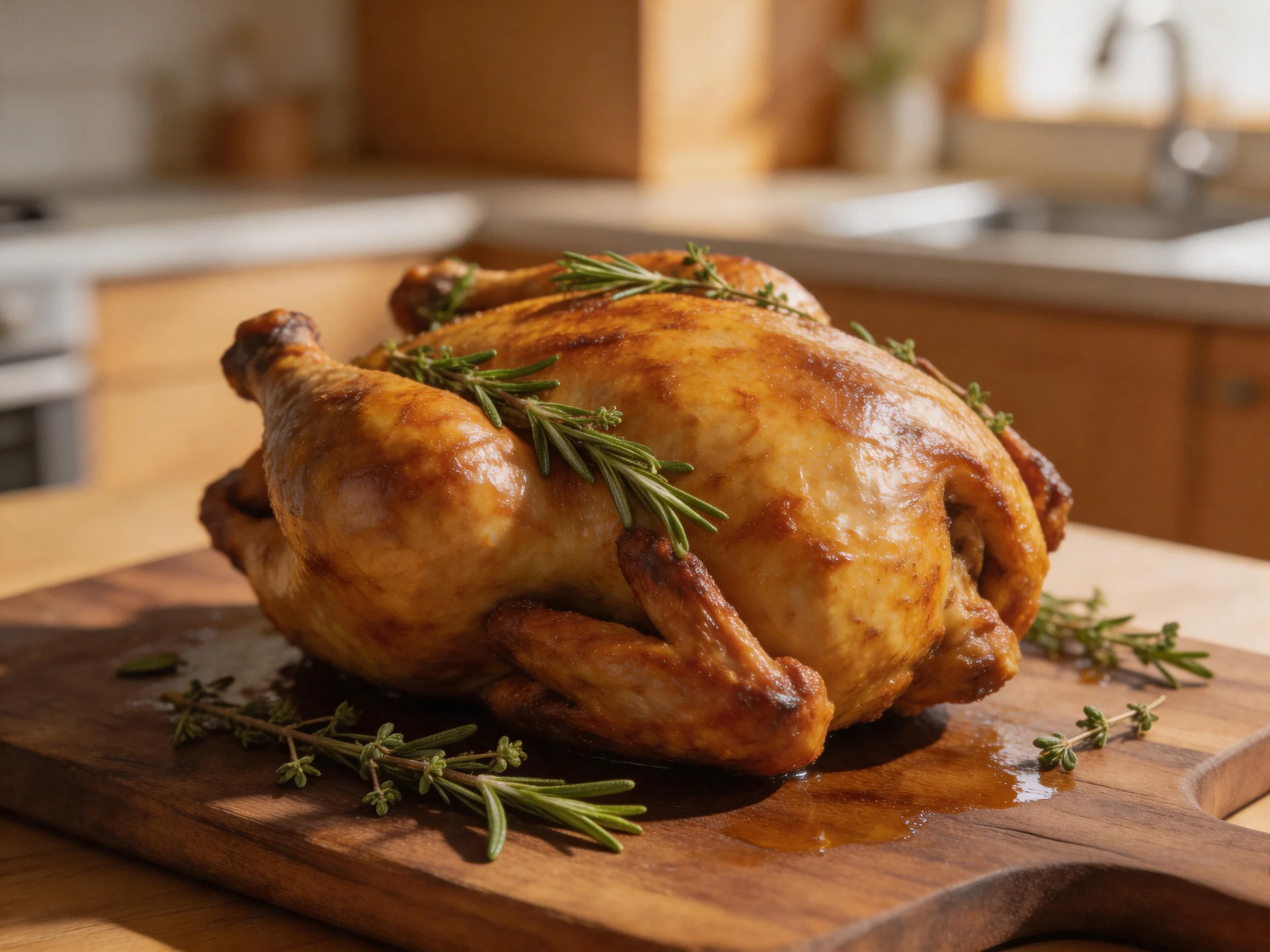 A golden-brown roasted chicken garnished with fresh herbs on a wooden cutting board