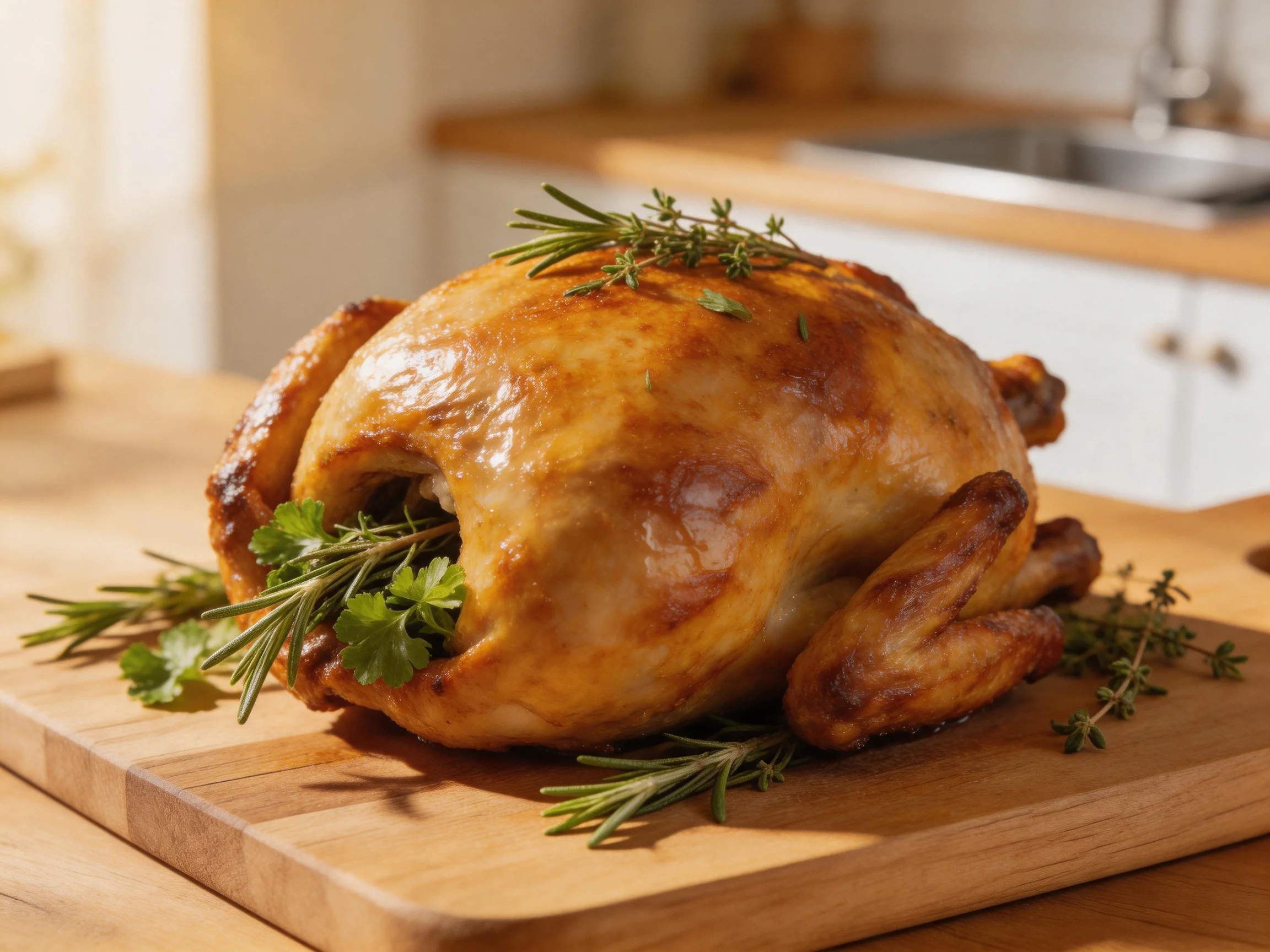 A golden-brown roasted chicken garnished with fresh herbs on a wooden cutting board