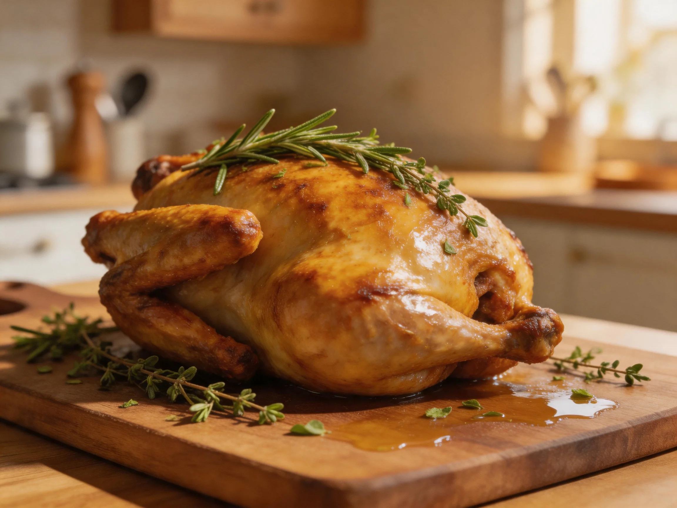 A golden-brown roasted chicken garnished with fresh herbs on a wooden cutting board