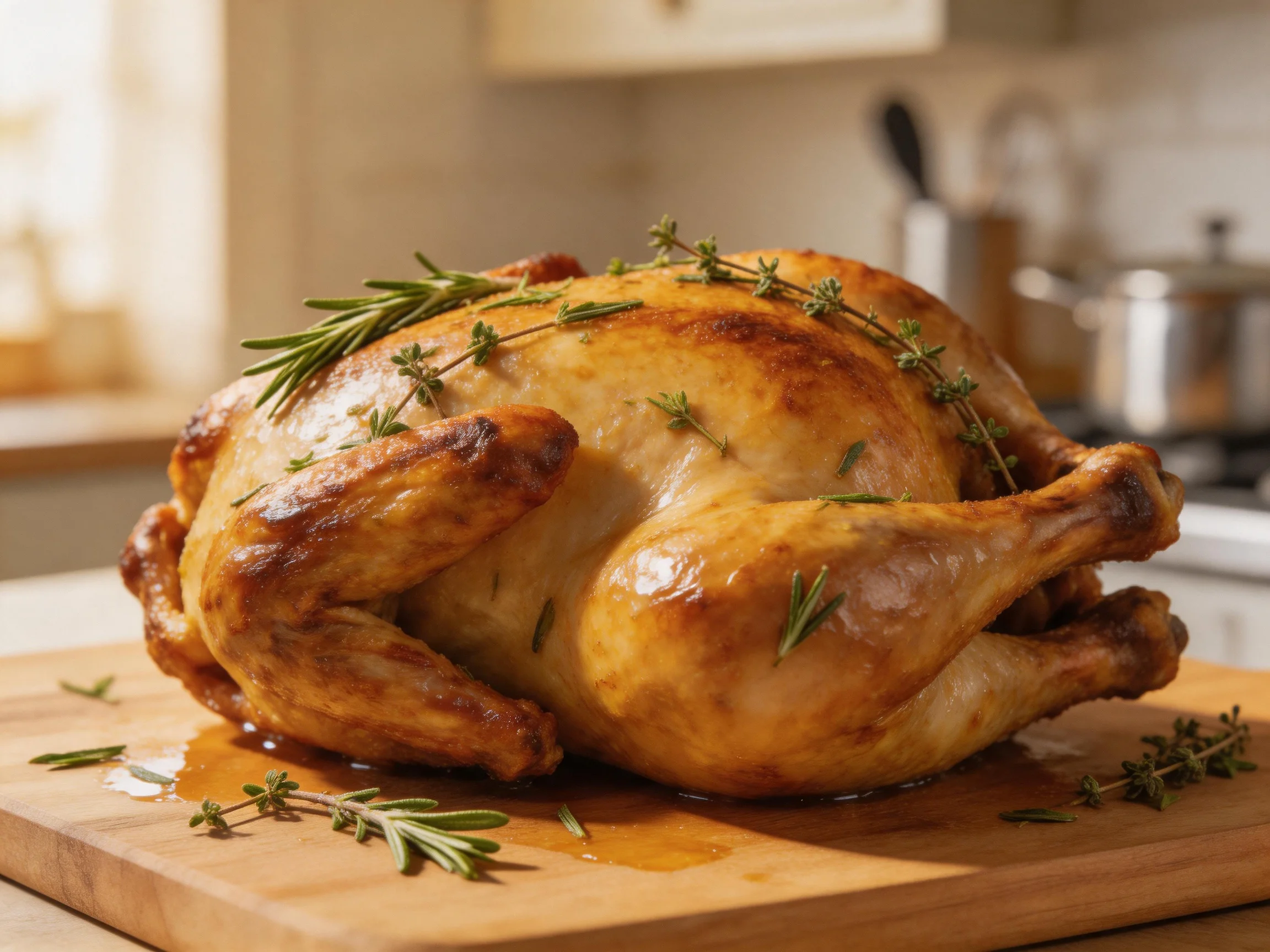 A golden-brown roasted chicken garnished with fresh herbs on a wooden cutting board