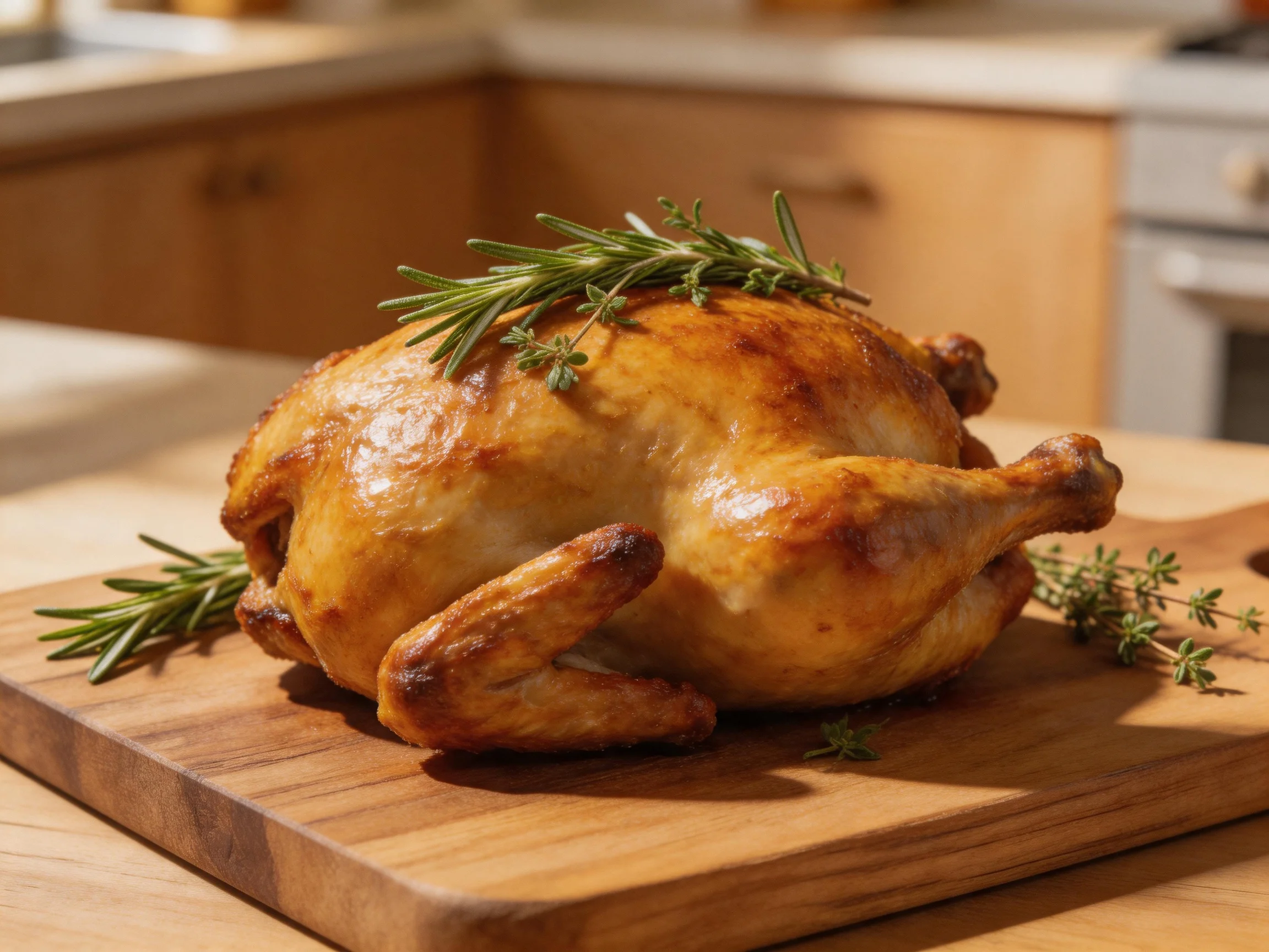 A golden-brown roasted chicken garnished with fresh herbs on a wooden cutting board