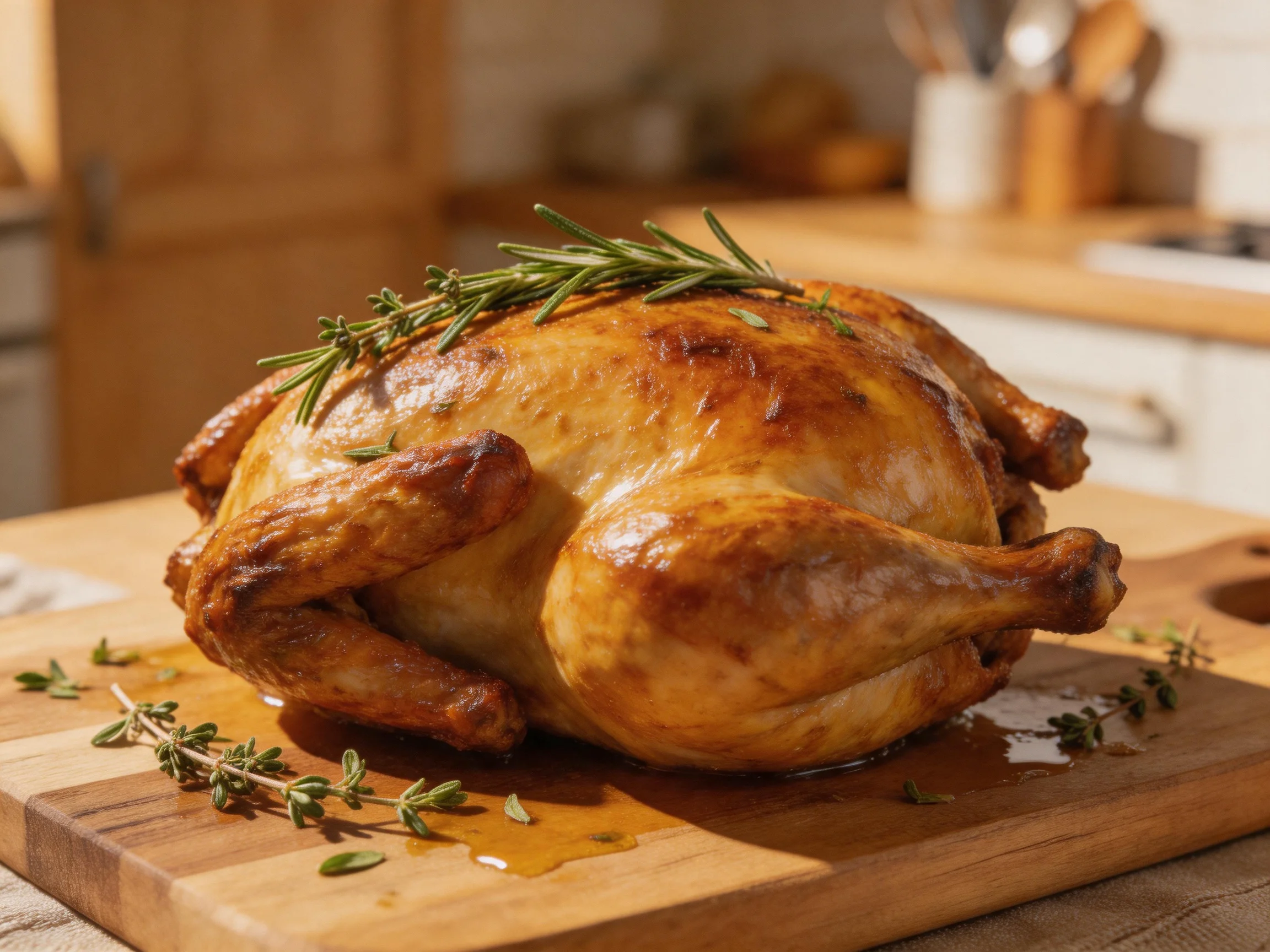A golden-brown roasted chicken garnished with fresh herbs on a wooden cutting board