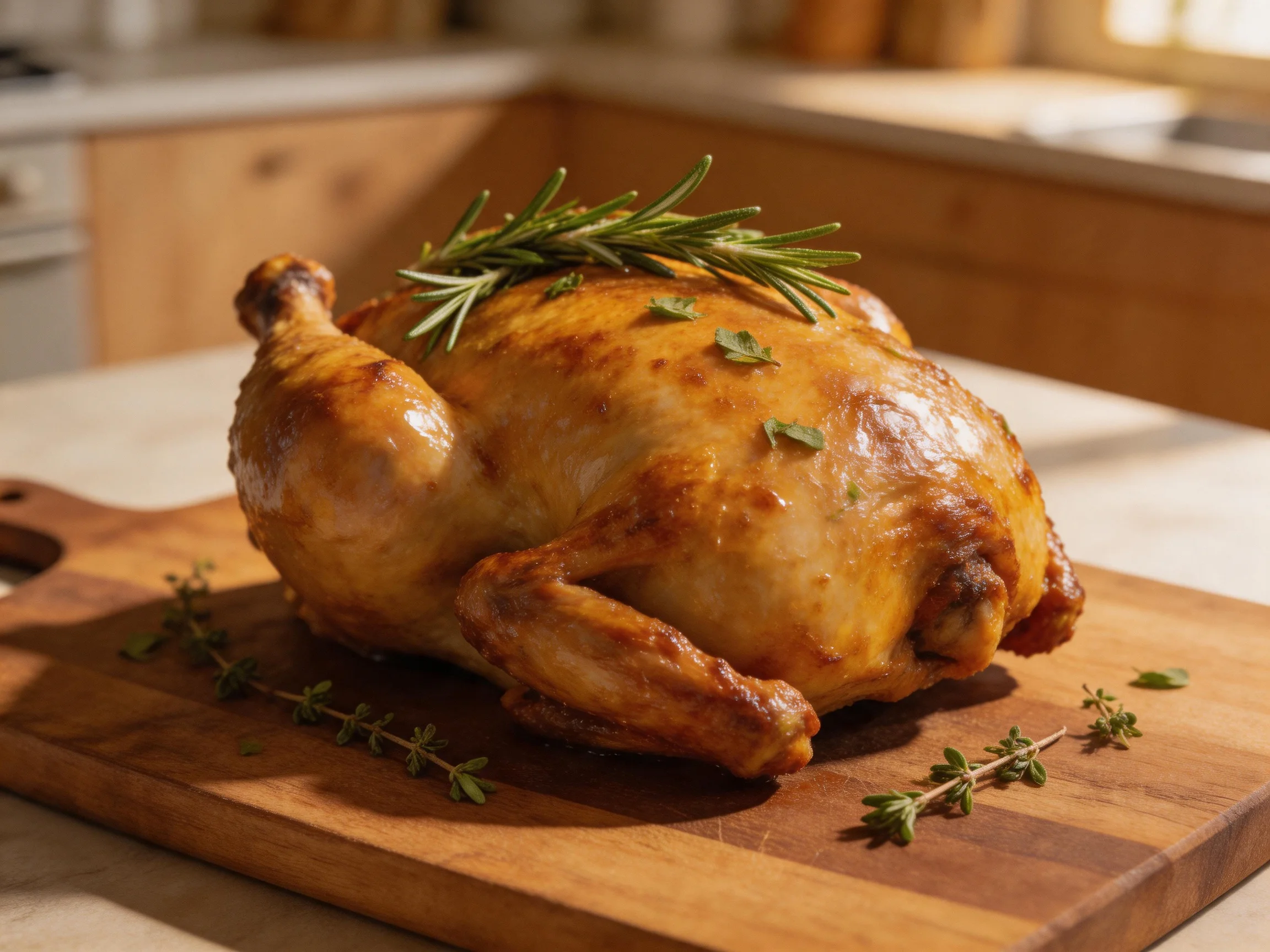 A golden-brown roasted chicken garnished with fresh herbs on a wooden cutting board