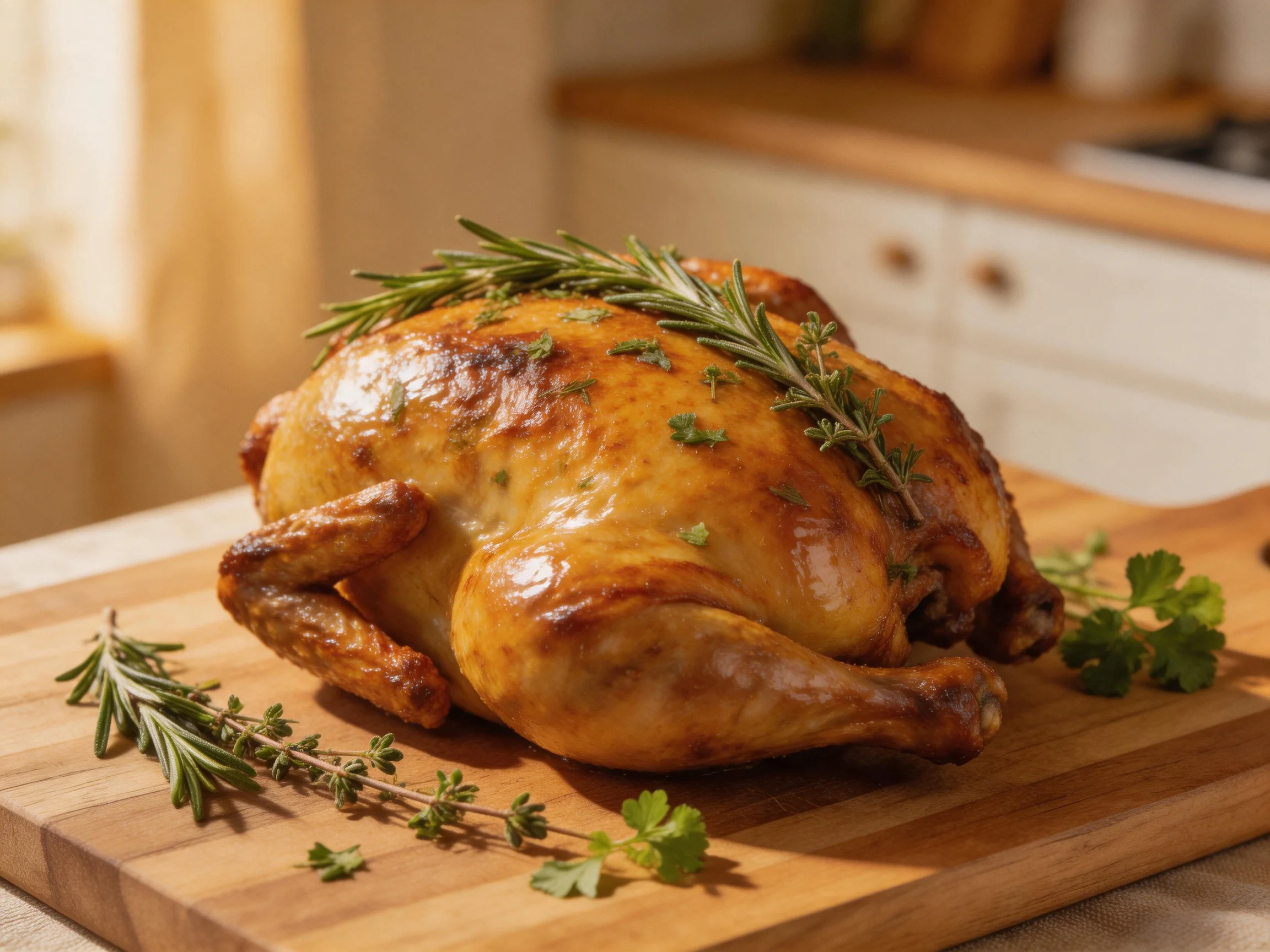 A golden-brown roasted chicken garnished with fresh herbs on a wooden cutting board