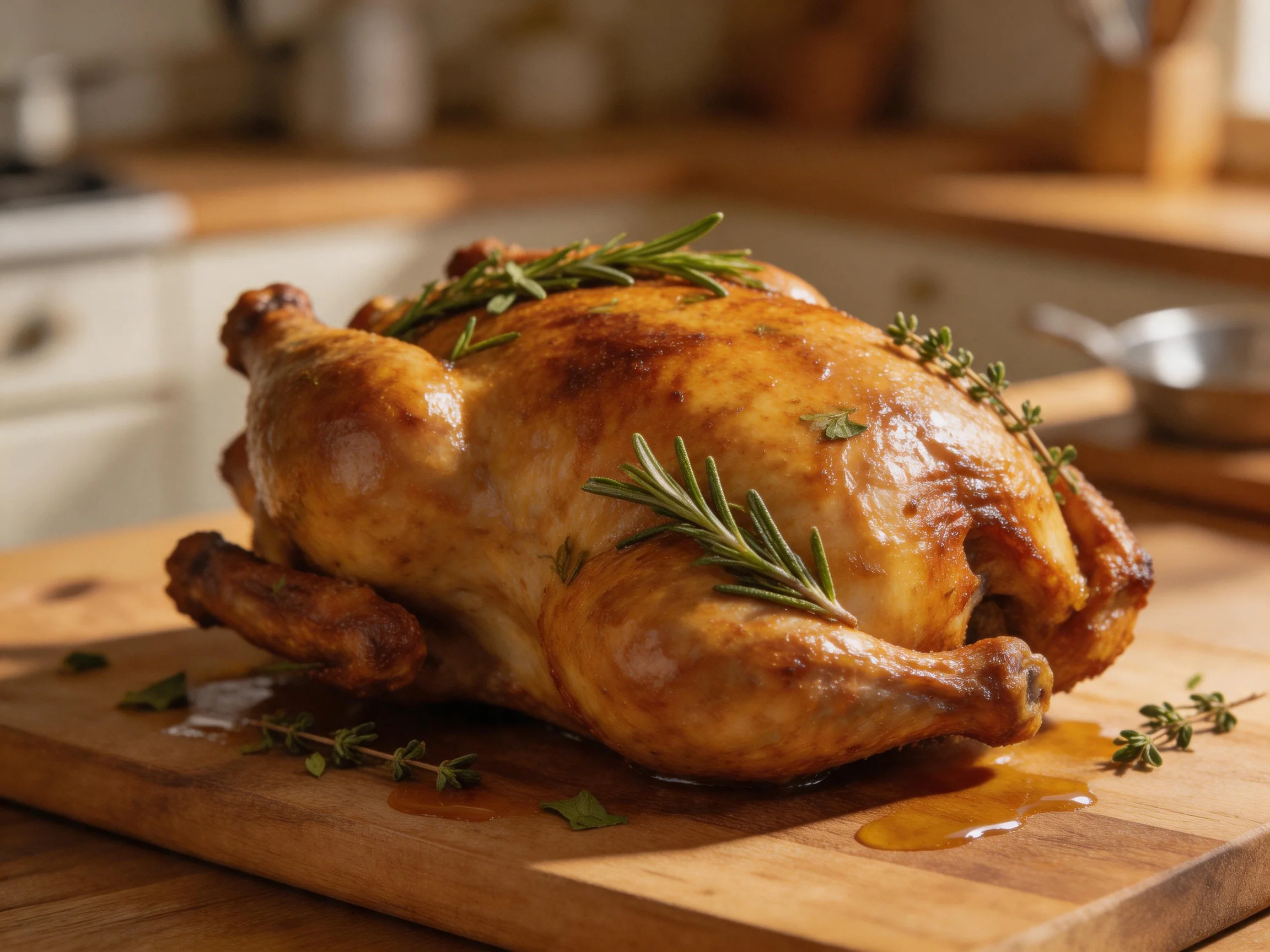 A golden-brown roasted chicken garnished with fresh herbs on a wooden cutting board