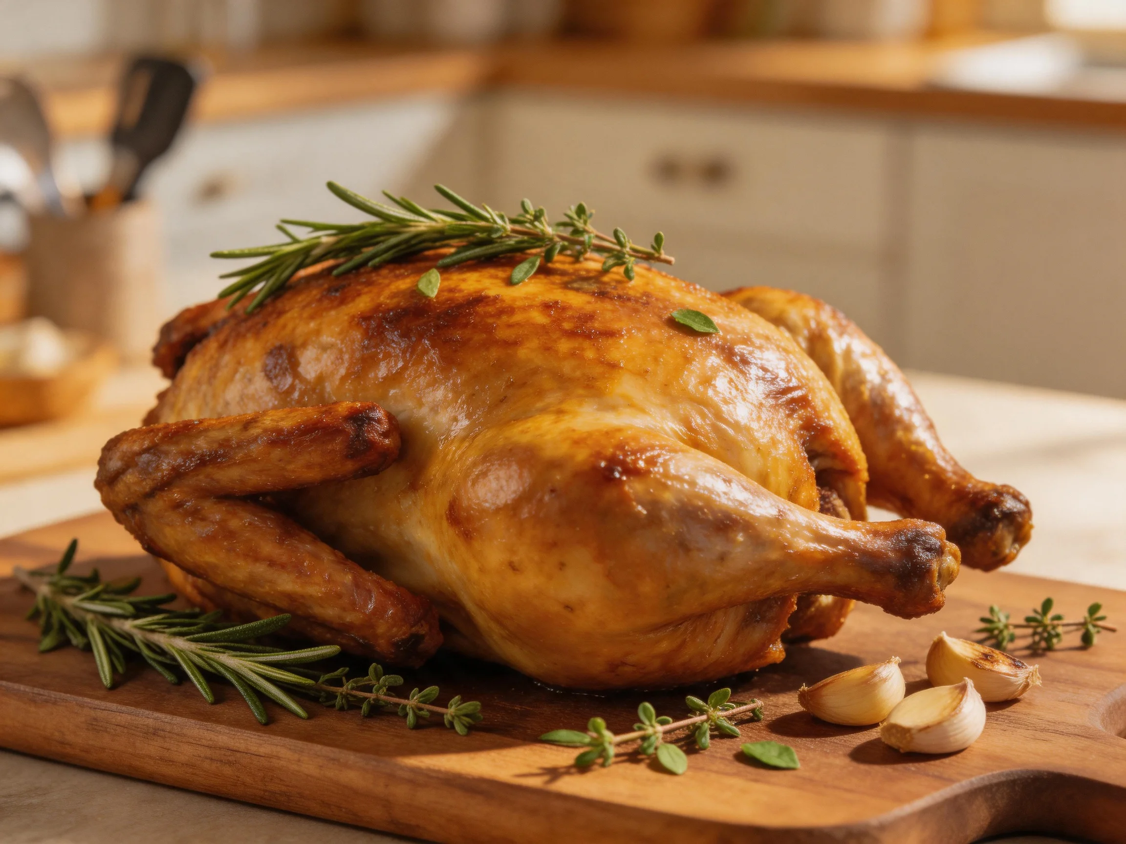 A golden-brown roasted chicken garnished with fresh herbs on a wooden cutting board