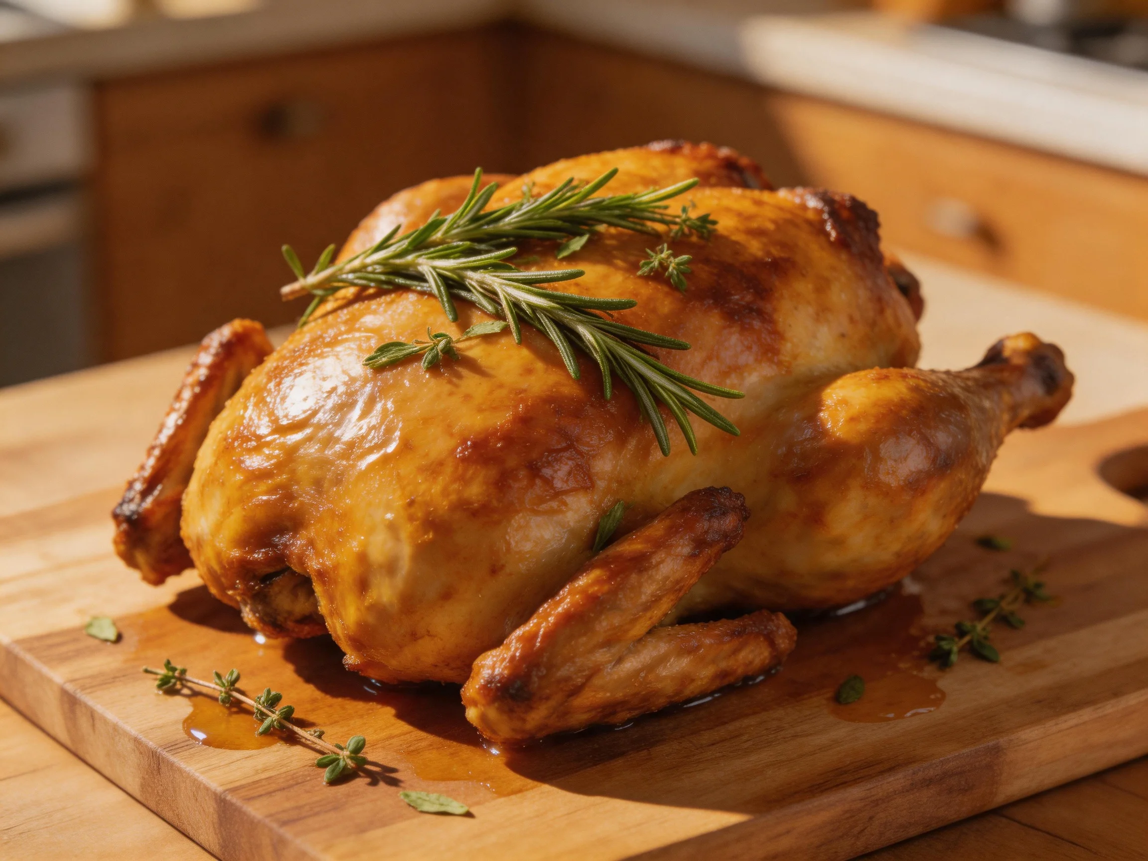 A golden-brown roasted chicken garnished with fresh herbs on a wooden cutting board
