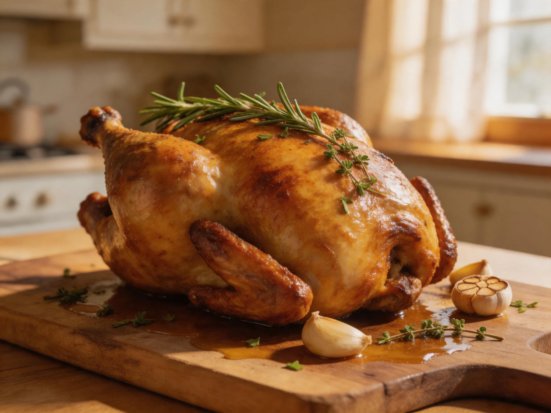 A golden-brown roasted chicken garnished with fresh herbs on a wooden cutting board