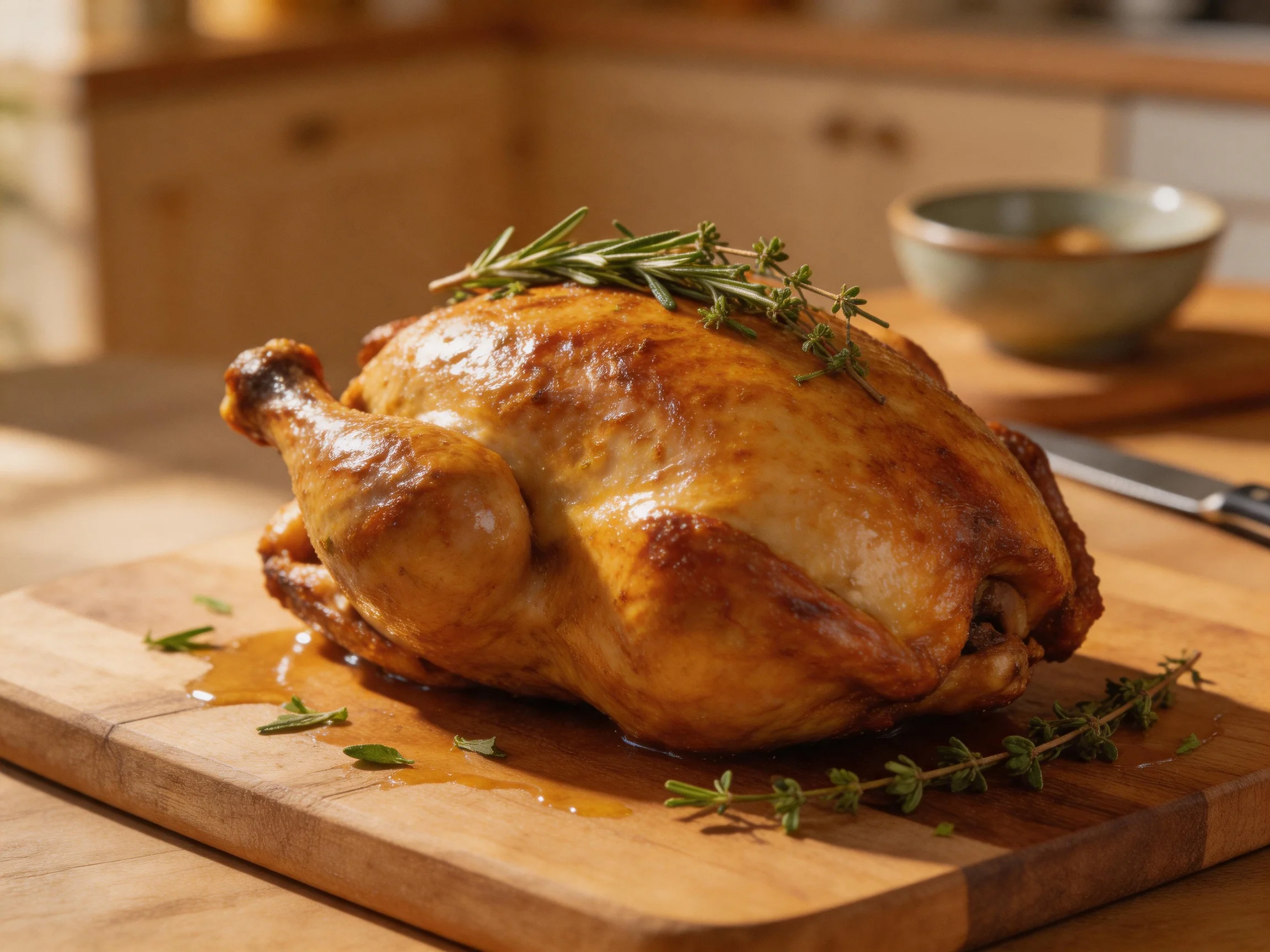 A golden-brown roasted chicken garnished with fresh herbs on a wooden cutting board