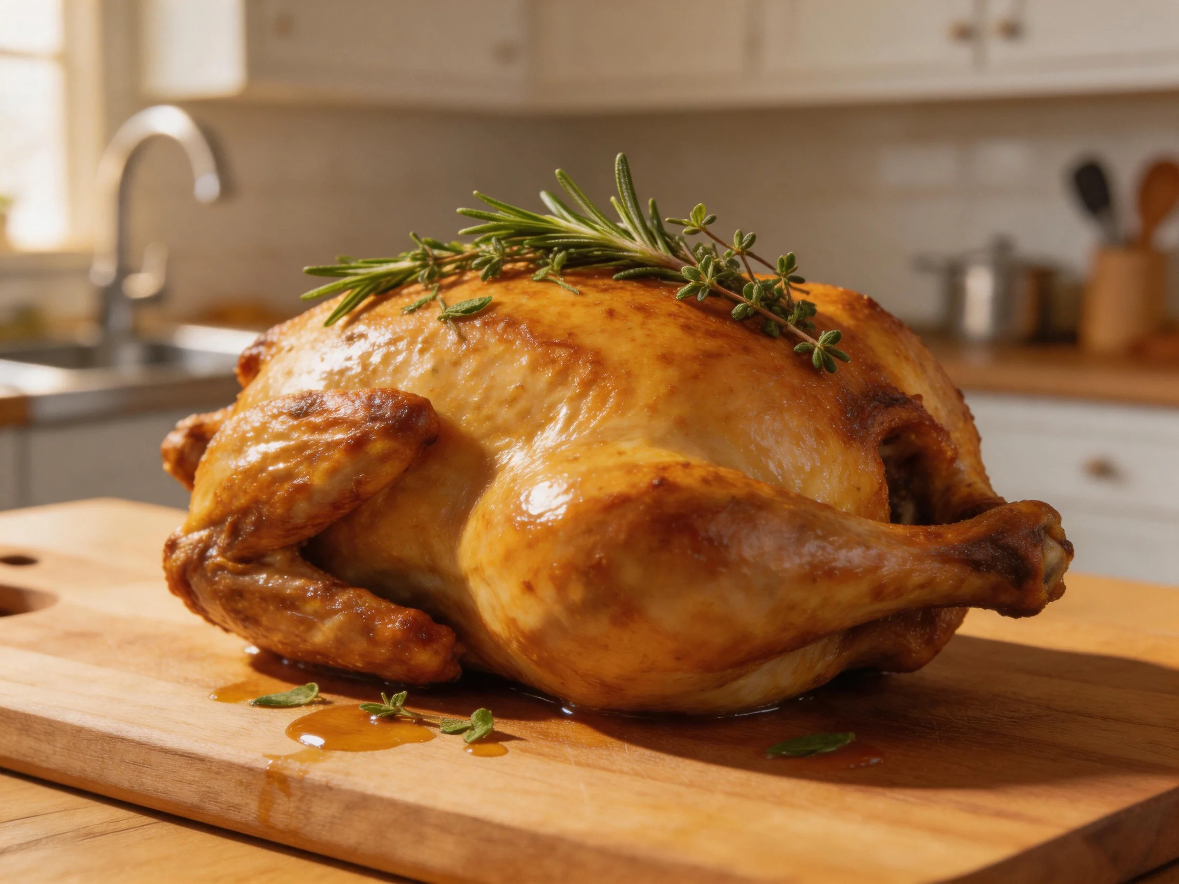 A golden-brown roasted chicken garnished with fresh herbs on a wooden cutting board