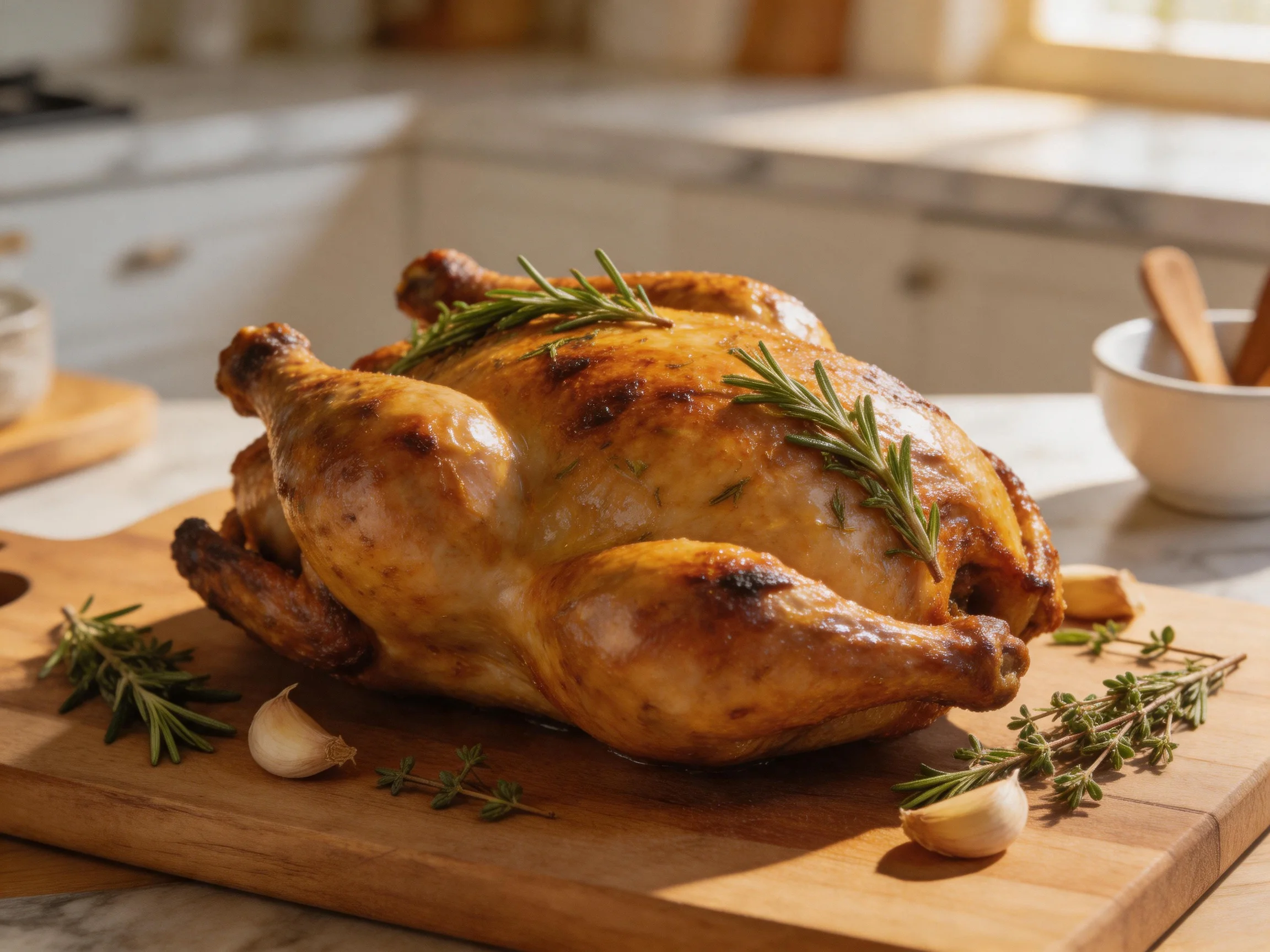 A golden-brown roasted chicken garnished with fresh herbs on a wooden cutting board