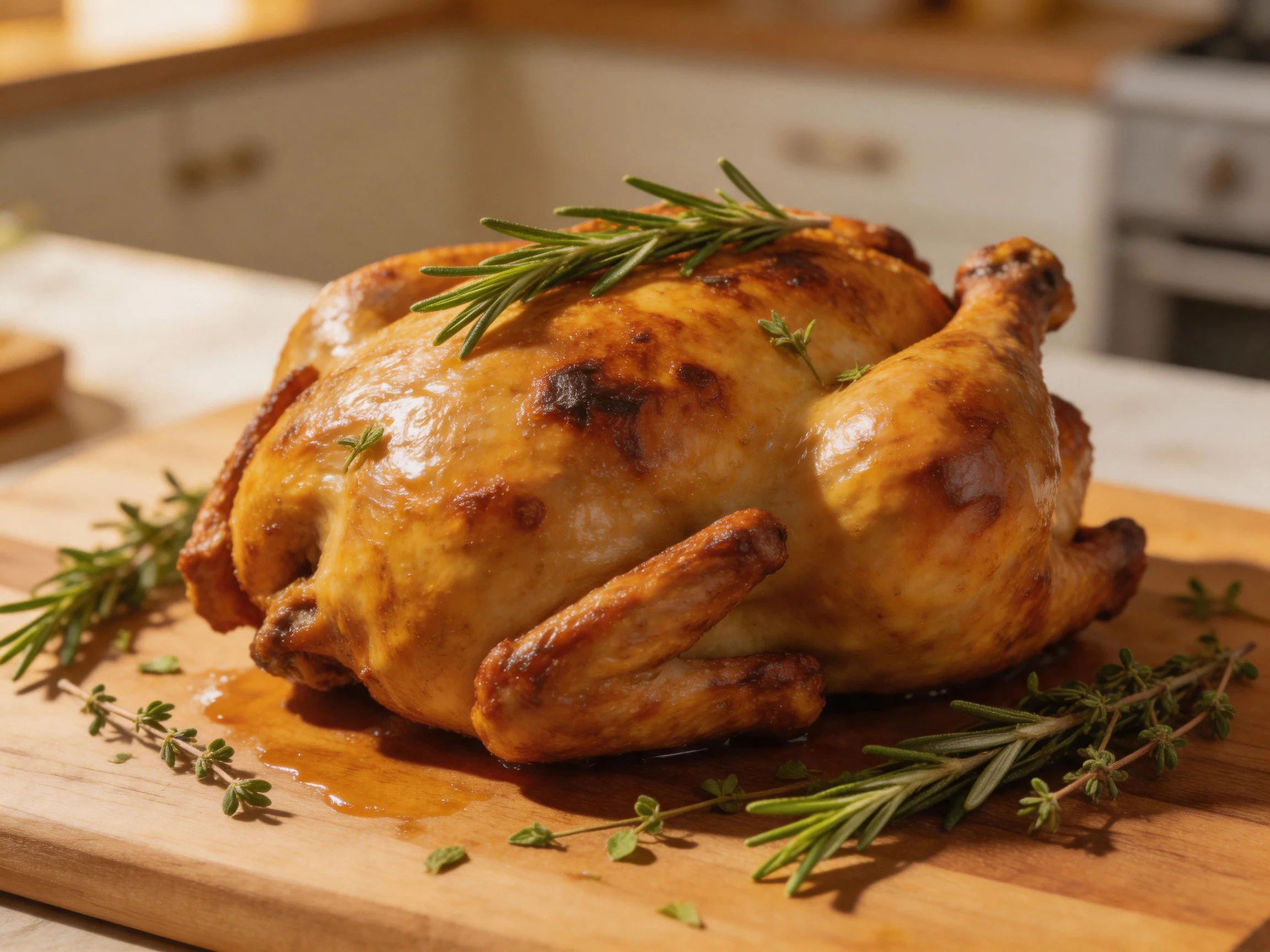 A golden-brown roasted chicken garnished with fresh herbs on a wooden cutting board