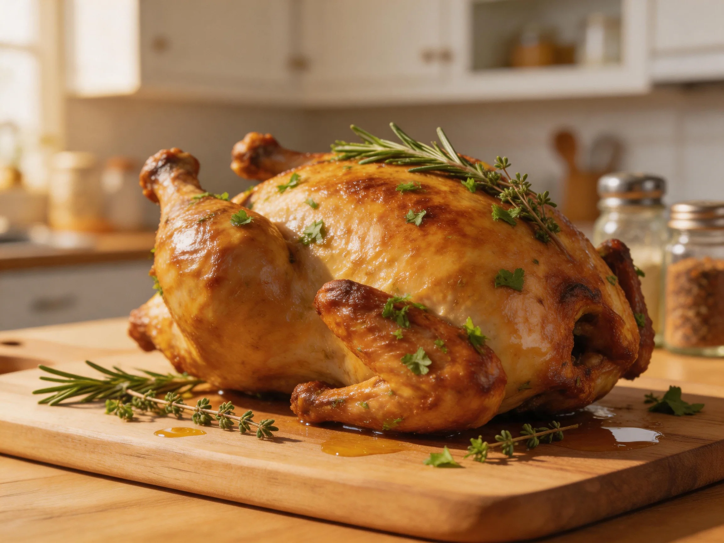 A golden-brown roasted chicken garnished with fresh herbs on a wooden cutting board