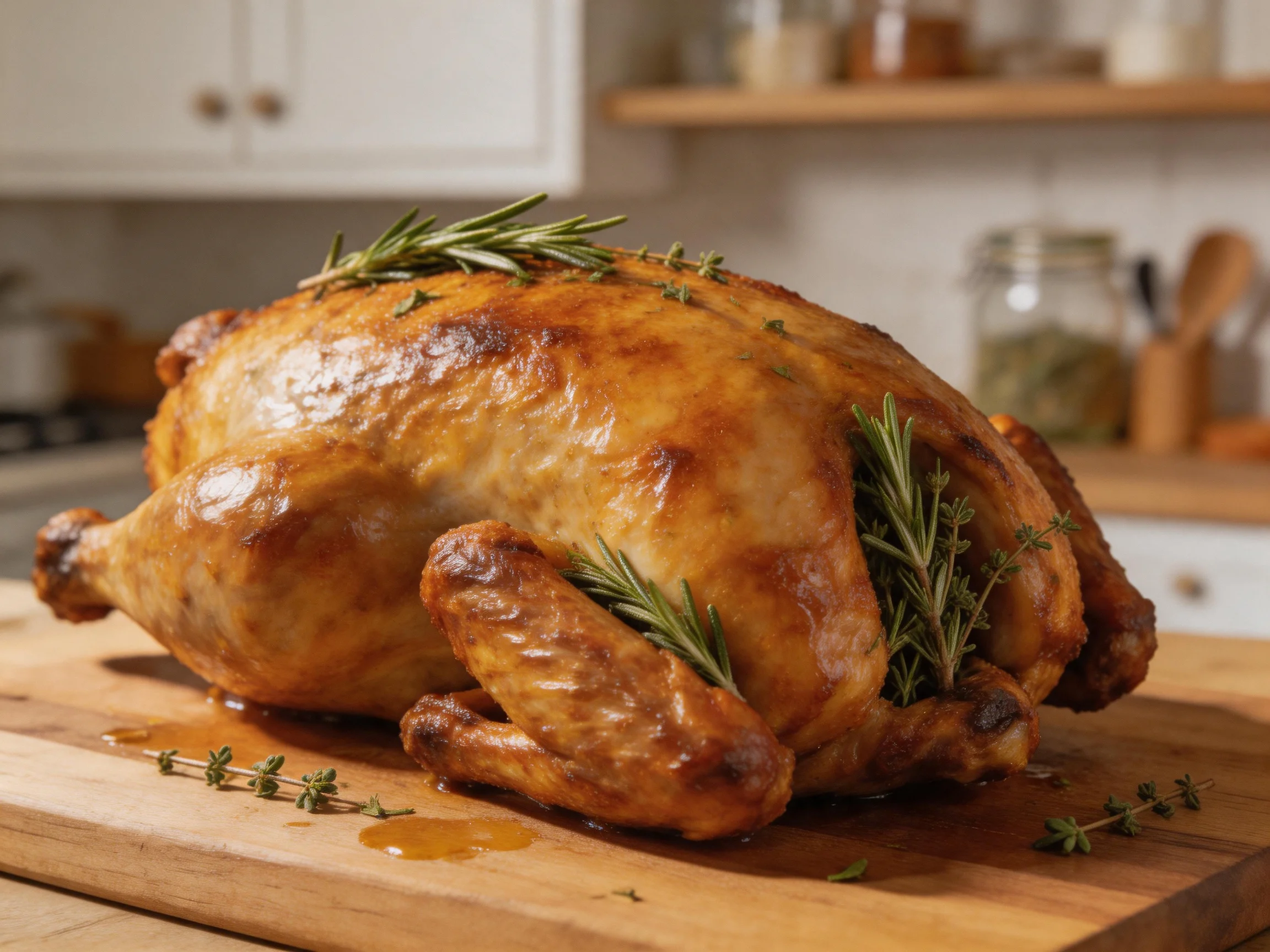 A golden-brown roasted chicken garnished with fresh herbs on a wooden cutting board