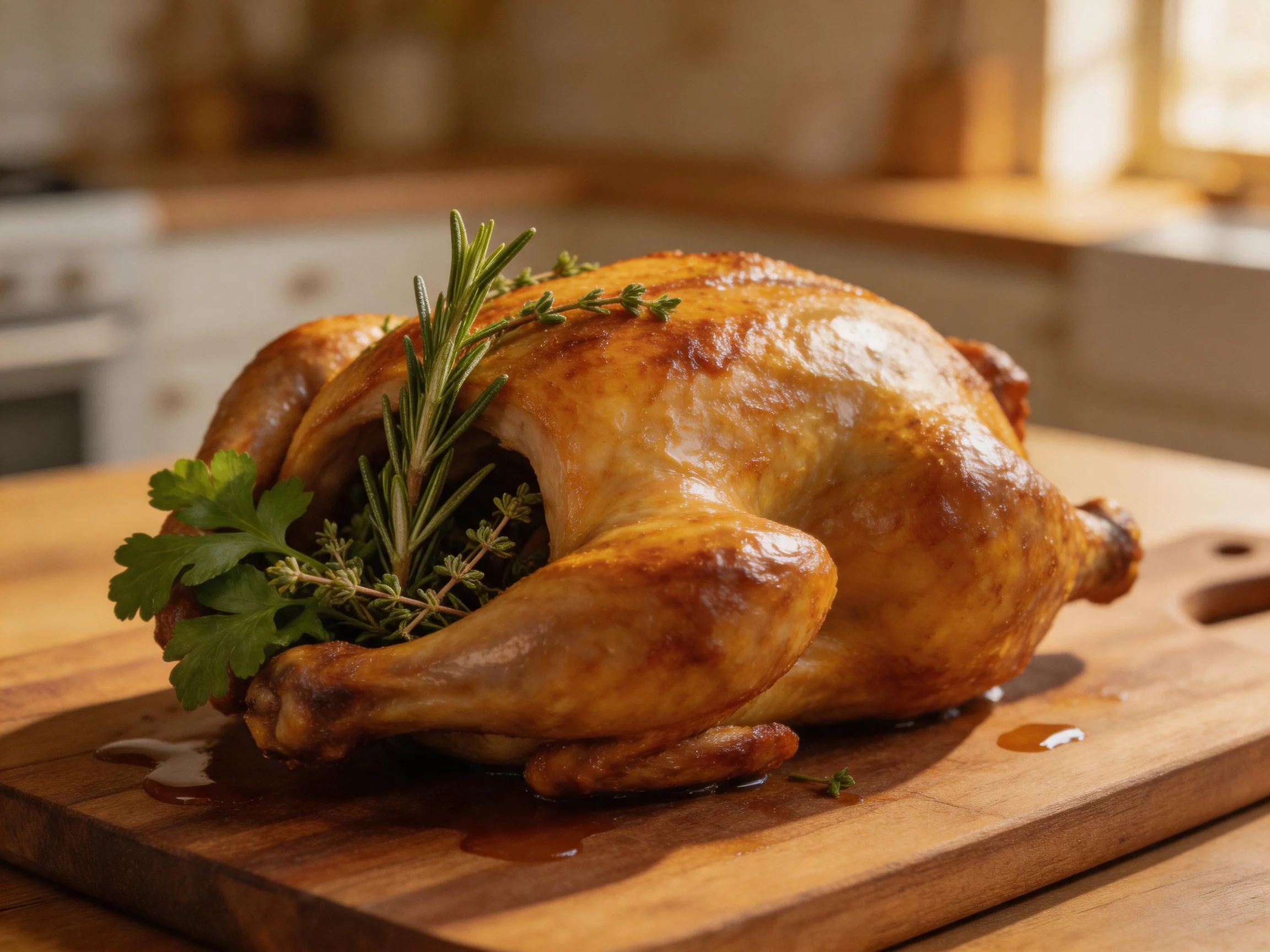 A golden-brown roasted chicken garnished with fresh herbs on a wooden cutting board