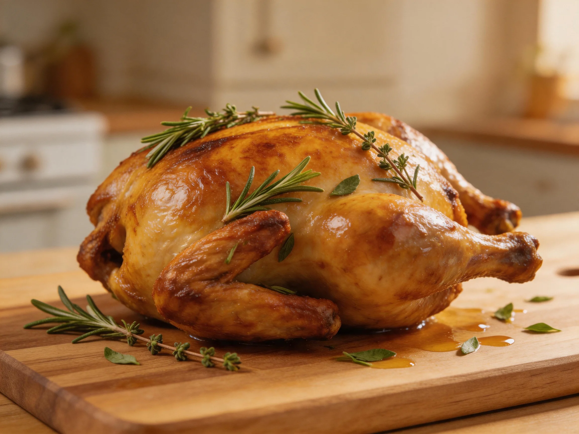 A golden-brown roasted chicken garnished with fresh herbs on a wooden cutting board