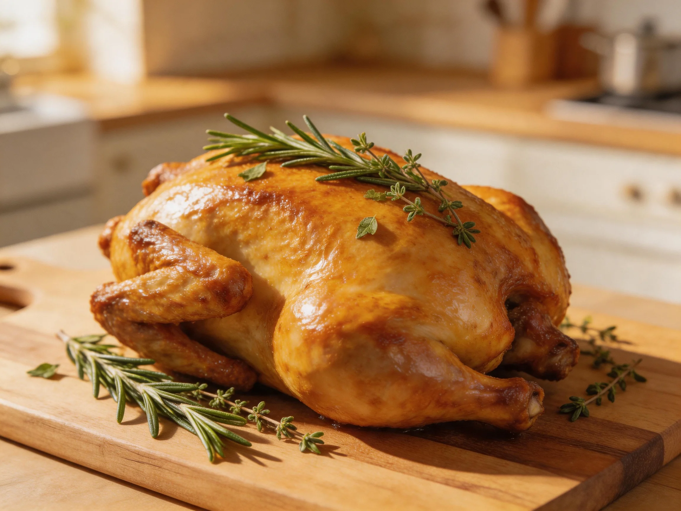 A golden-brown roasted chicken garnished with fresh herbs on a wooden cutting board