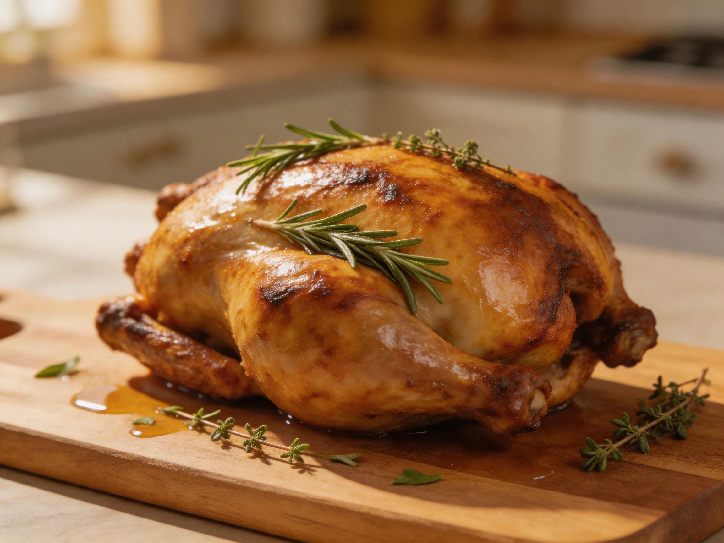 A golden-brown roasted chicken garnished with fresh herbs on a wooden cutting board