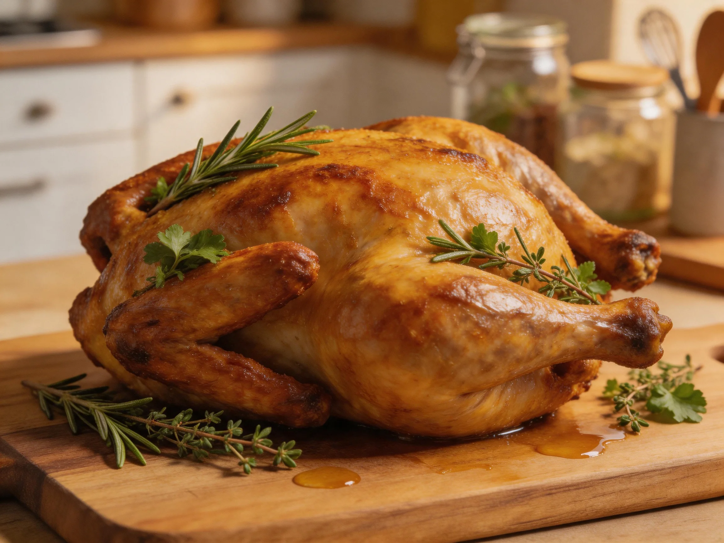 A golden-brown roasted chicken garnished with fresh herbs on a wooden cutting board