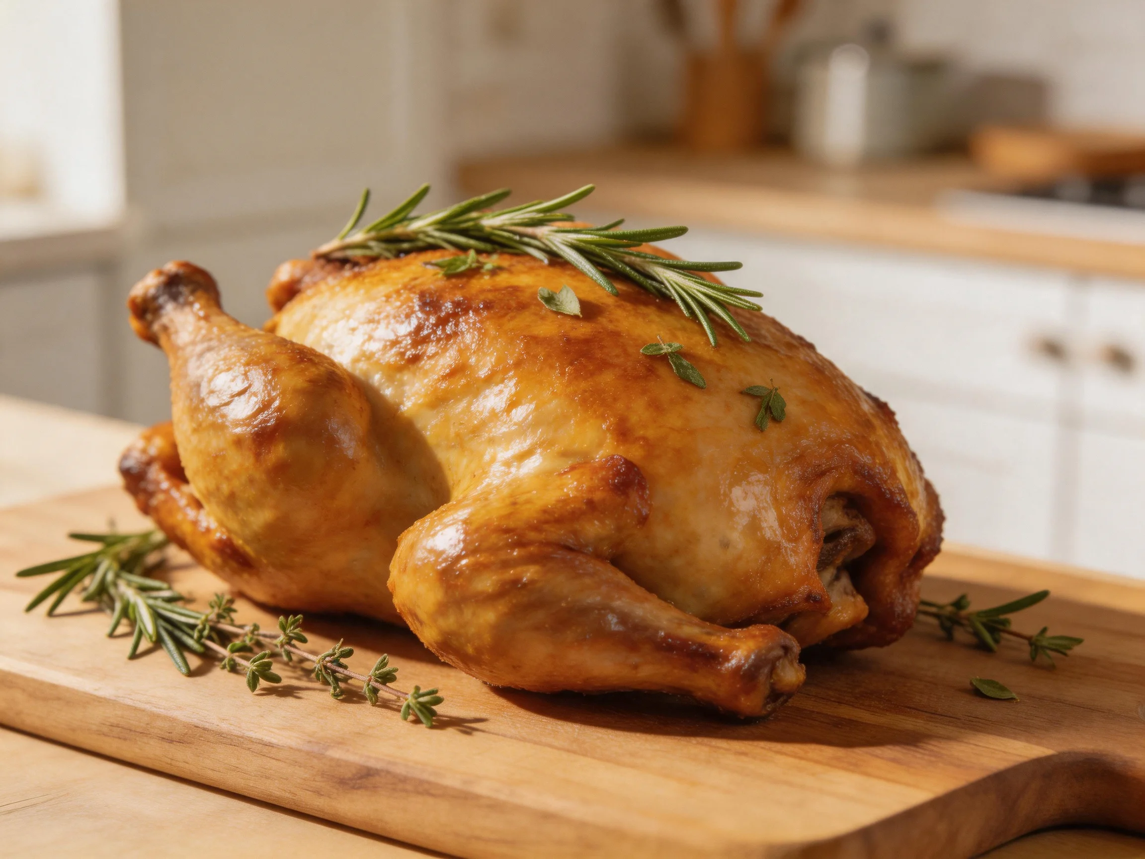 A golden-brown roasted chicken garnished with fresh herbs on a wooden cutting board