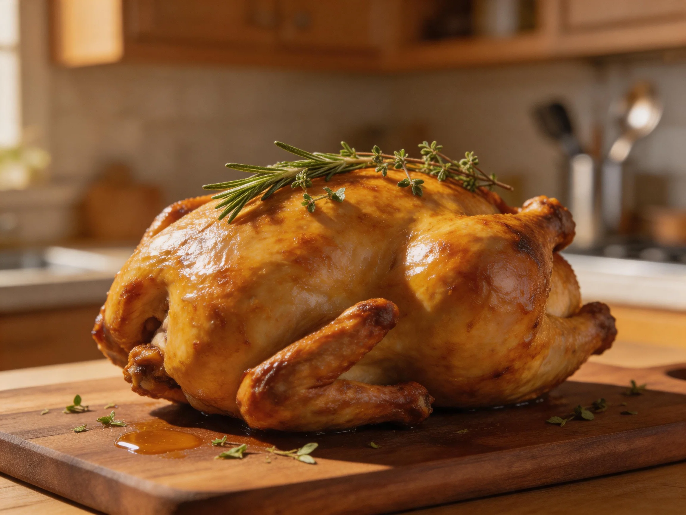 A golden-brown roasted chicken garnished with fresh herbs on a wooden cutting board