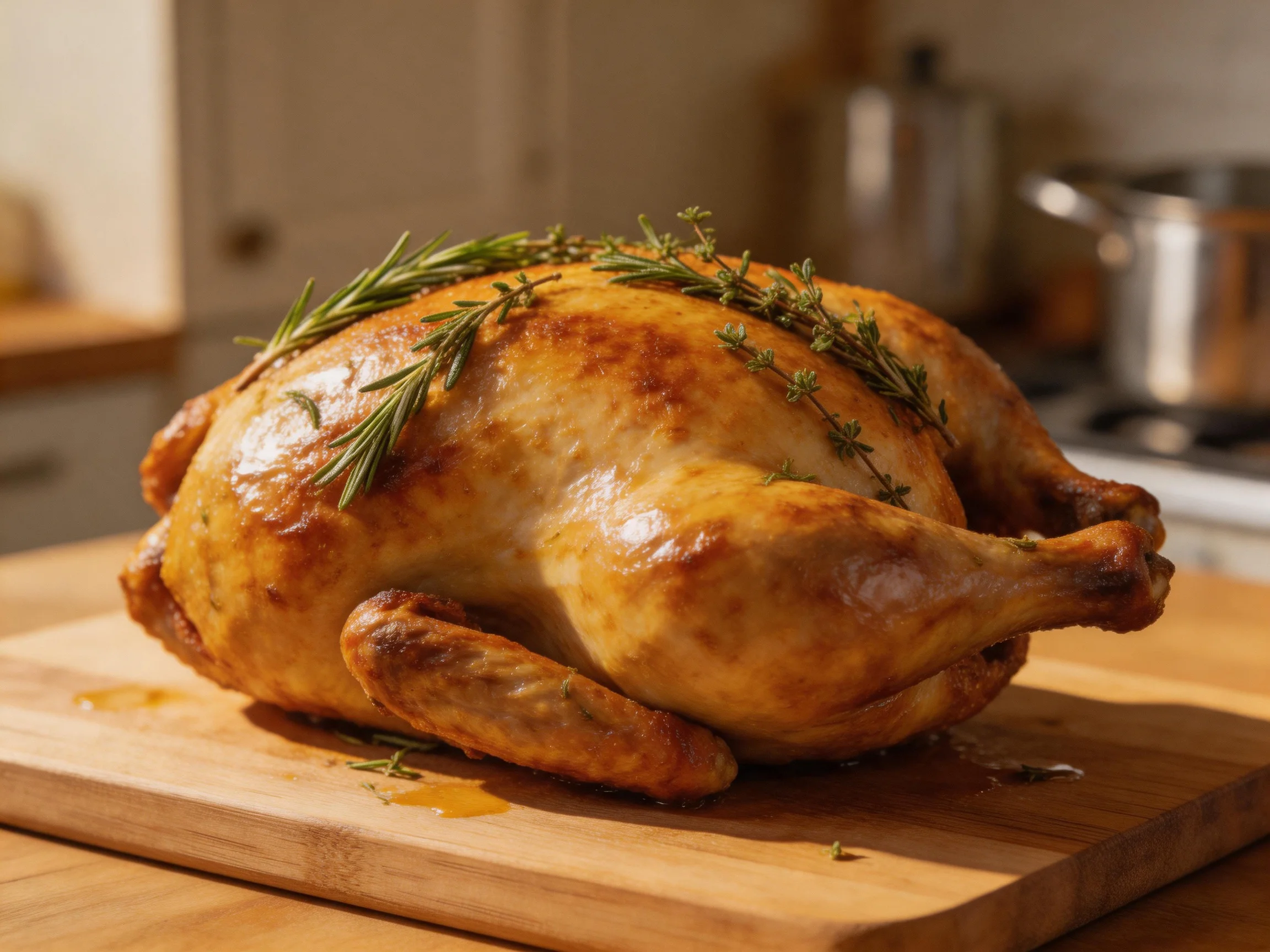 A golden-brown roasted chicken garnished with fresh herbs on a wooden cutting board