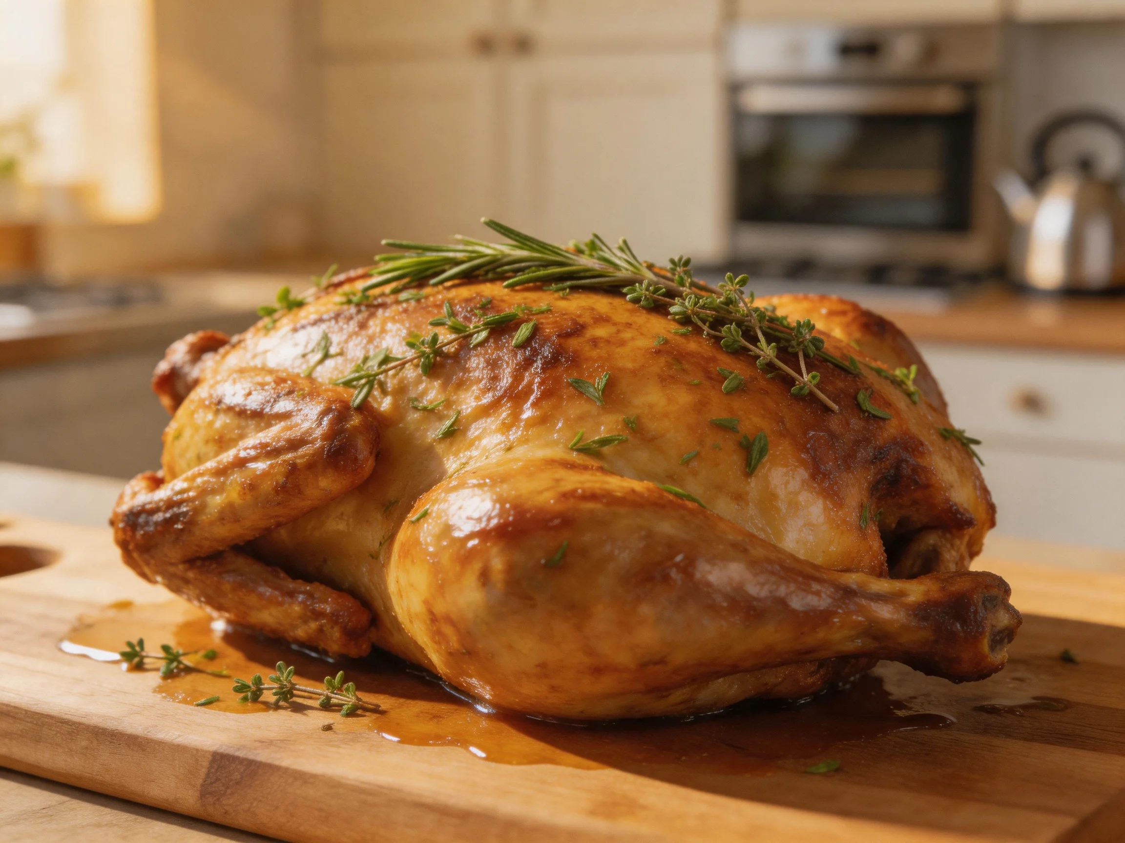 A golden-brown roasted chicken garnished with fresh herbs