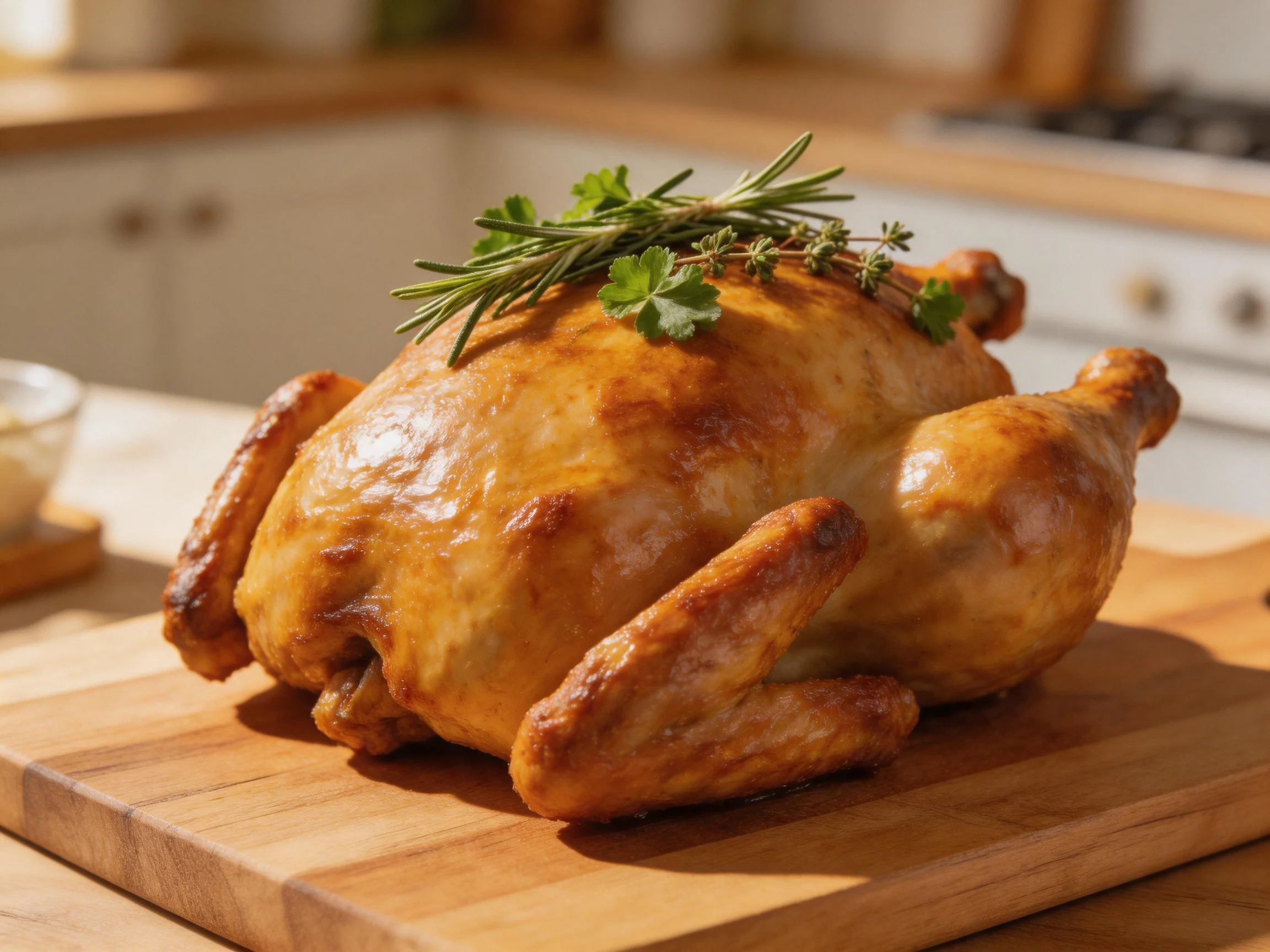 A golden-brown roasted chicken garnished with fresh herbs rests on a wooden cutting board