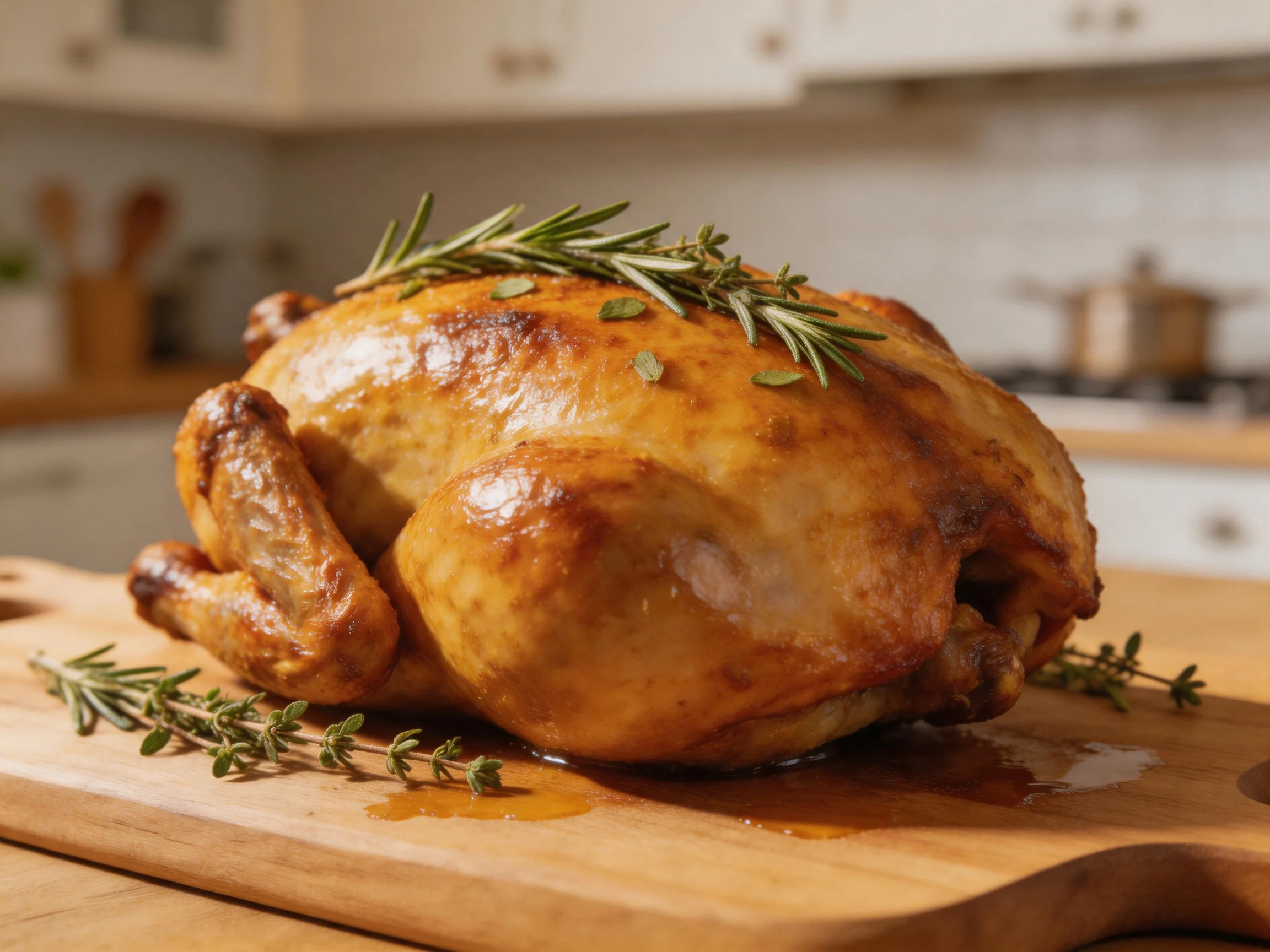 A golden-brown roasted chicken garnished with fresh herbs