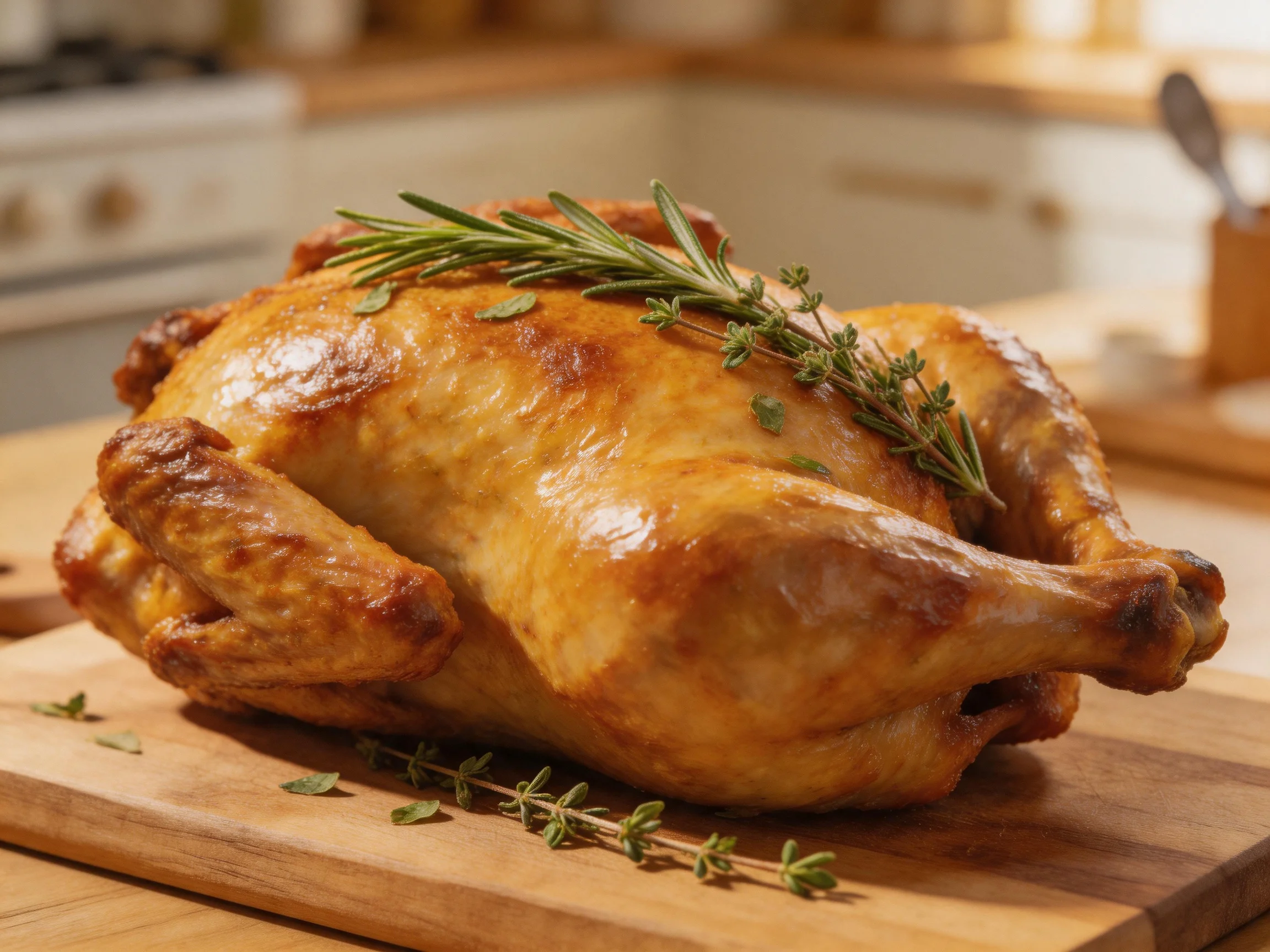 A golden-brown roasted chicken garnished with fresh herbs