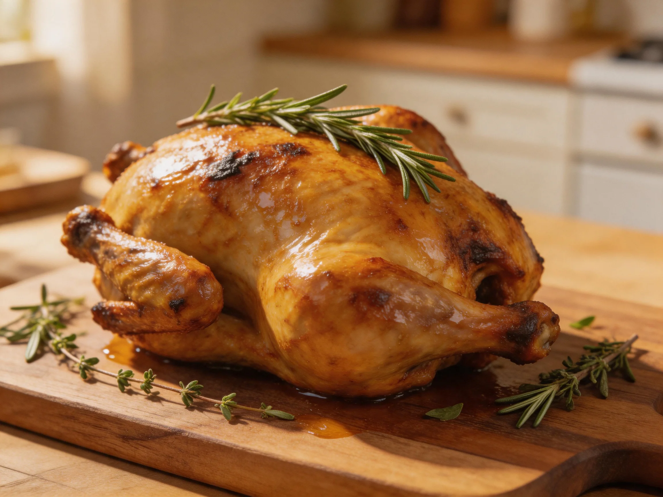 A golden-brown roasted chicken garnished with fresh herbs