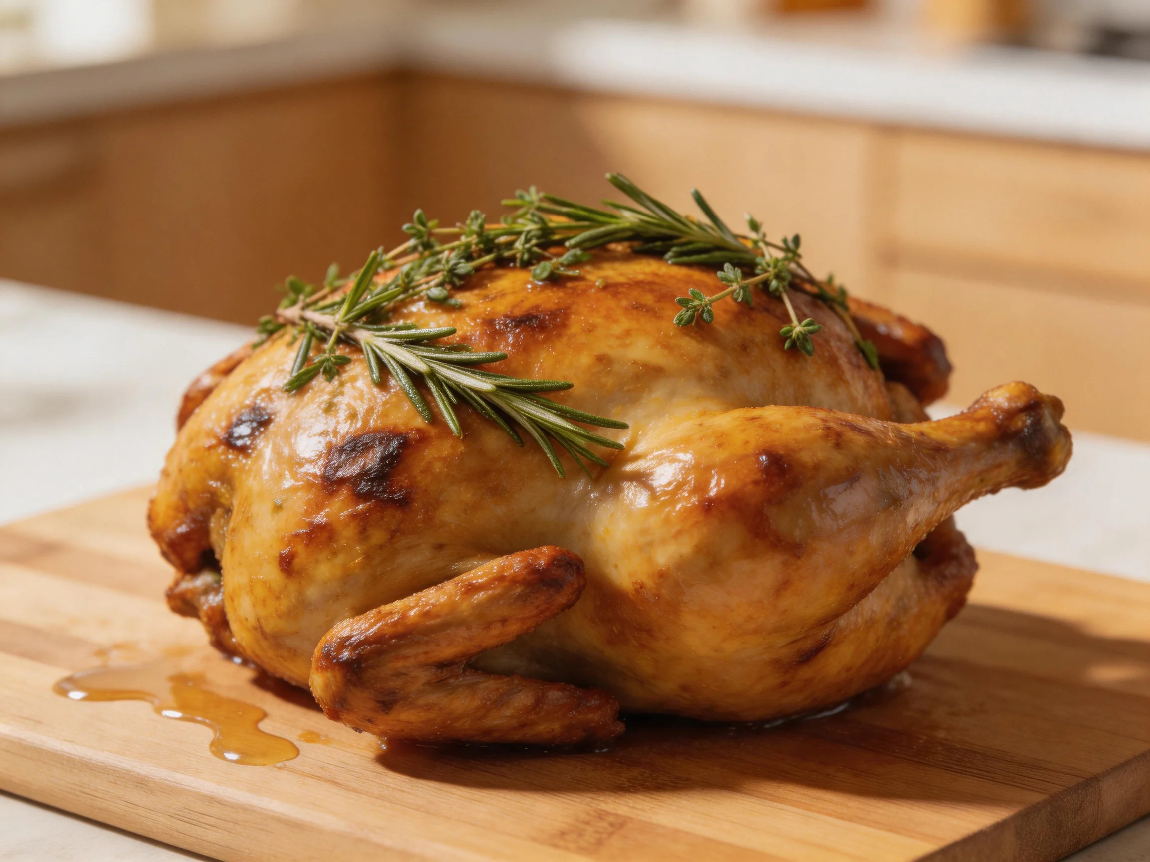 A golden-brown roasted chicken garnished with fresh herbs